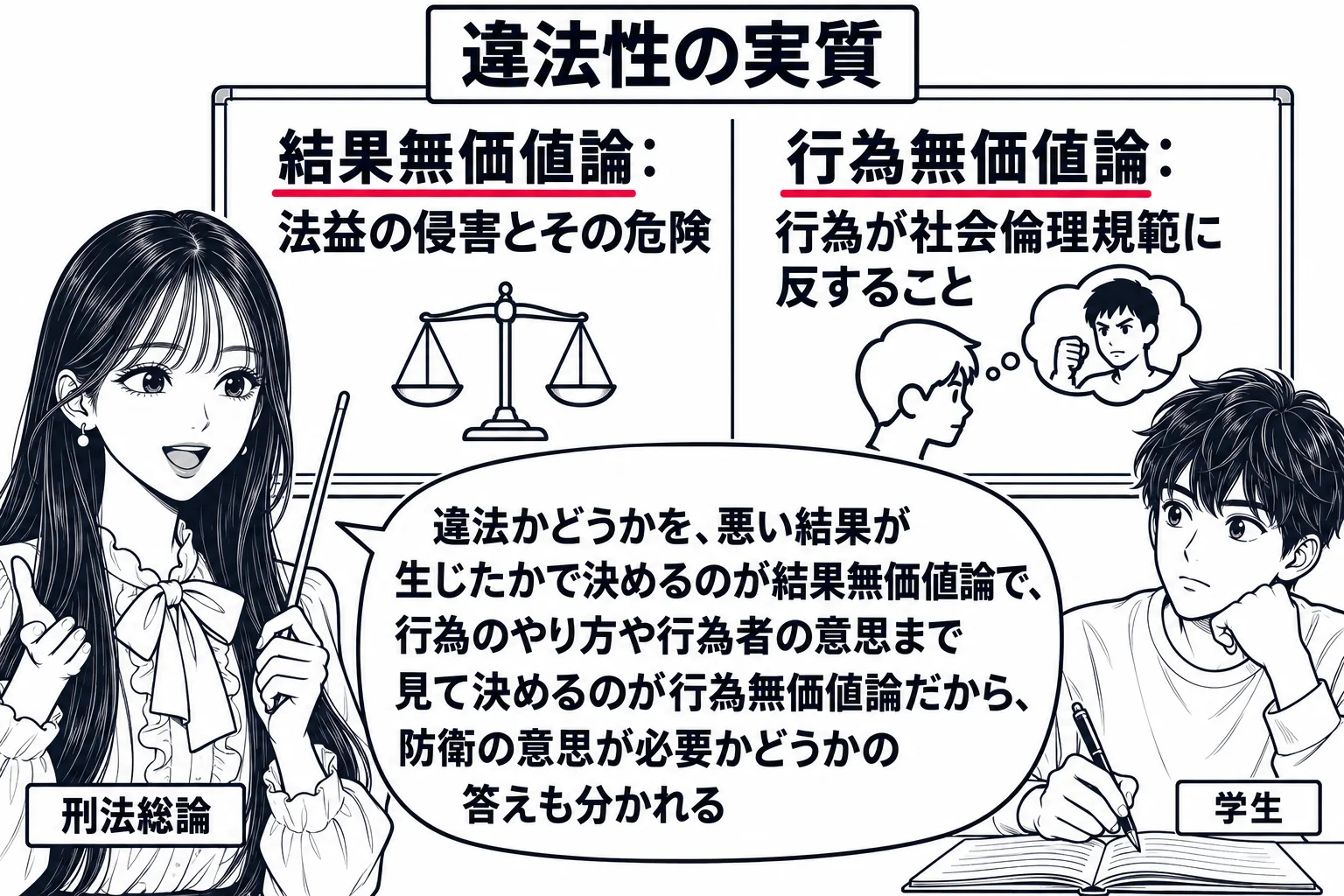 大学の教室の場面。先生が教師役（札「刑法総論」）で黒板の前に立ち、黒板の左半分に「結果無価値論：法益の侵害とその危険」、右半分に「行為無価値論：行為が社会倫理規範に反すること」と板書してある。左の板書の下に天秤の絵、右の板書の下に行為者の頭