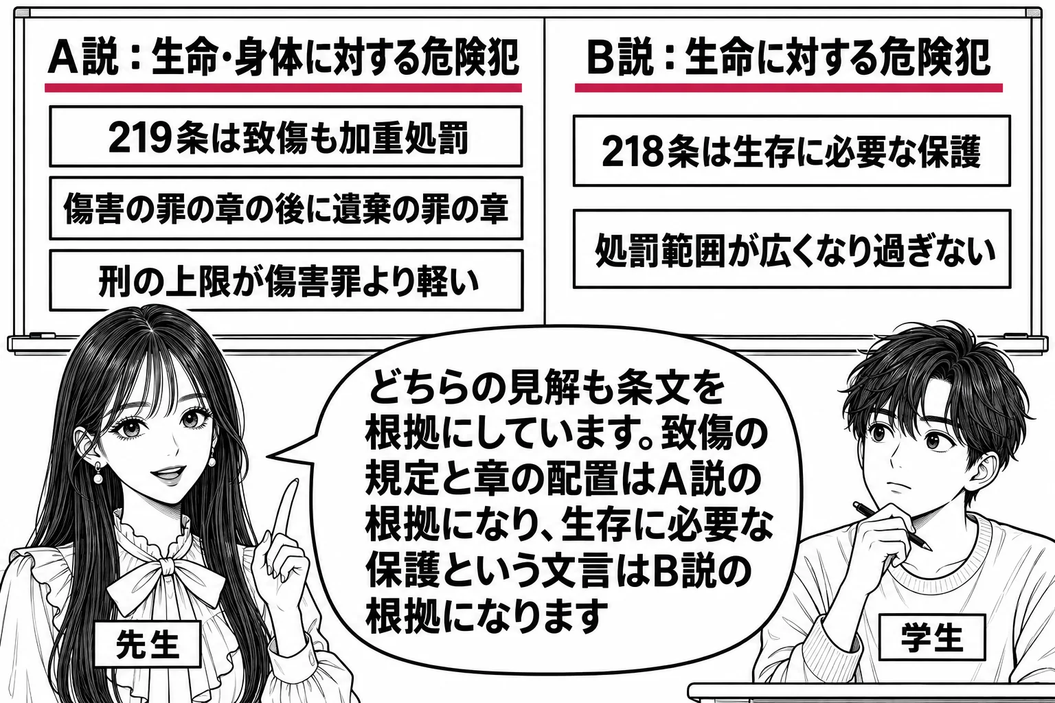 教室の場面。先生が教師役（札「先生」）で黒板の前に立つ。黒板が左右に分かれ、左の見出し「A説：生命・身体に対する危険犯」の下に札が三つ「219条は致傷も加重処罰」「傷害の罪の章の後に遺棄の罪の章」「刑の上限が傷害罪より軽い」。右の見出し「B
