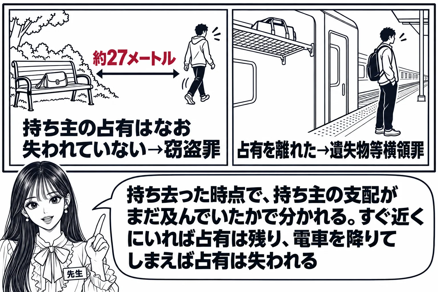 教室の黒板の場面。先生が教師役（札「先生」）で黒板を指す。黒板の左半分に公園のベンチとポシェットの絵、そこから歩いて離れる人の絵、間に「約27メートル」の表示、下に「持ち主の占有はなお失われていない→窃盗罪」。右半分に電車の網棚とかばんの絵