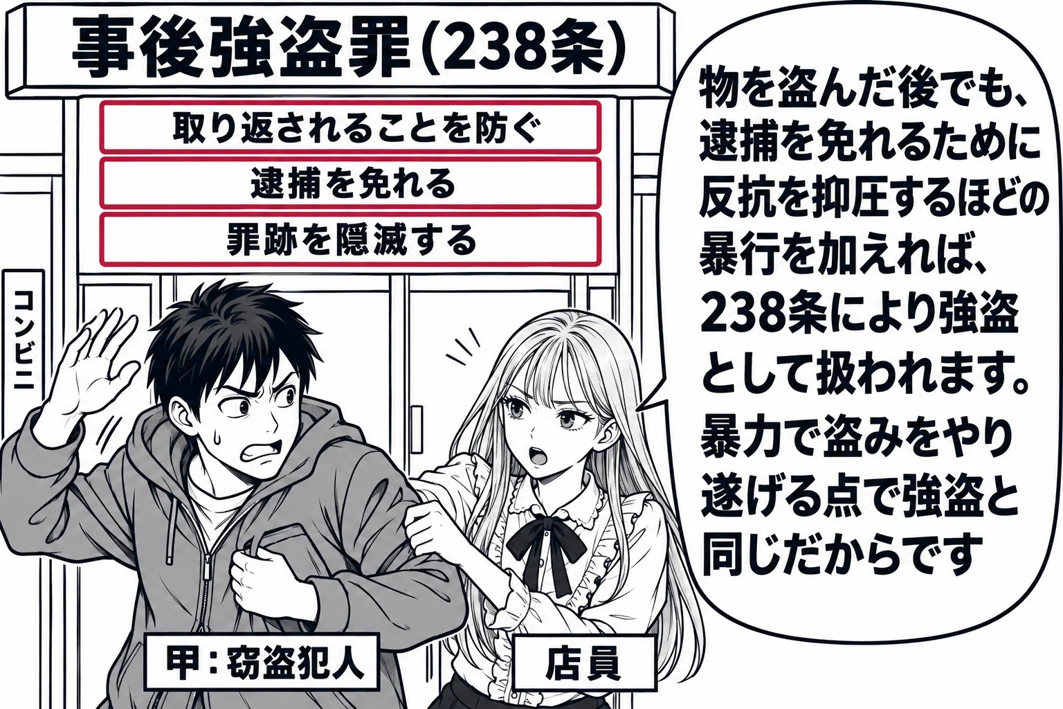 コンビニエンスストアの出入口の外の場面。上着のポケットを押さえた男性（札「甲：窃盗犯人」）が店の外へ出ようとし、その腕を先生が店員役（札「店員」）としてつかんで呼び止めている。甲はもう片方の手を振り上げかけている（殴る瞬間は描かない）。出入