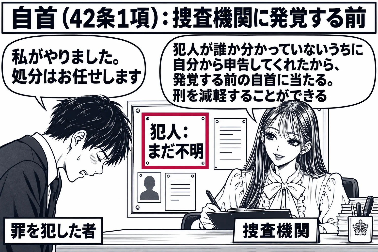 警察署の受付の場面。先生が警察官役（札「捜査機関」）で受付の机に座り、向かいに男性（札「罪を犯した者」）が立って頭を下げている。受付の後ろの掲示板に「犯人：まだ不明」と書いた紙が貼られ、その紙に深紅の枠。男性の吹き出し「私がやりました。処分
