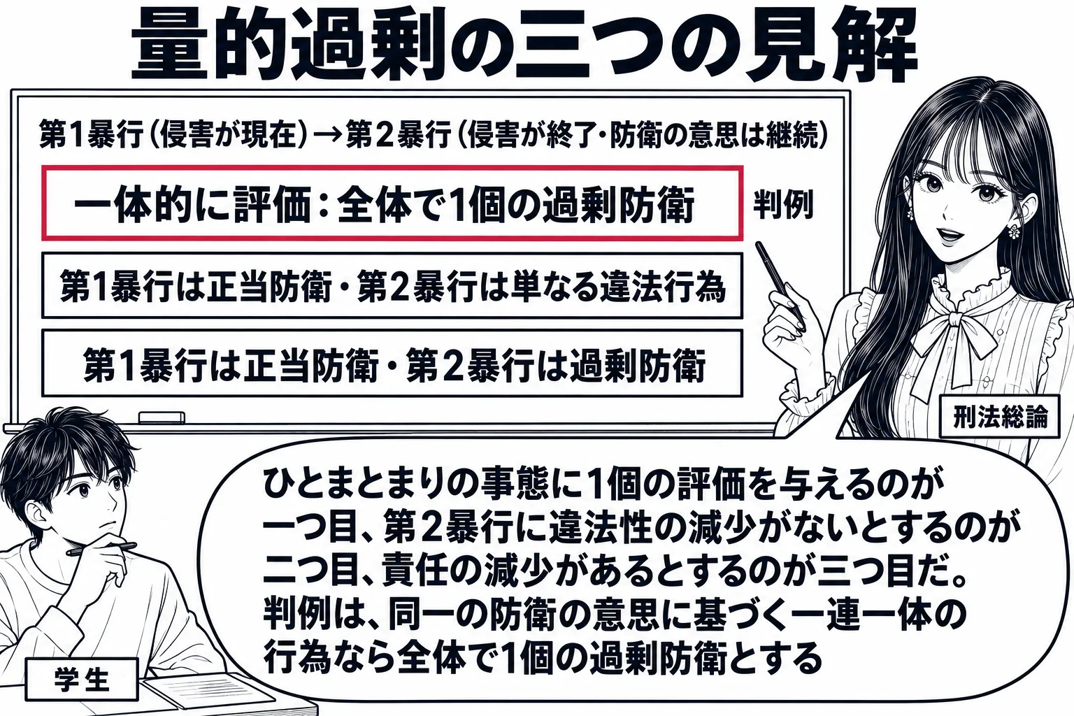 大学の教室の場面。先生が教師役（札「刑法総論」）で黒板の前に立つ。黒板の上に「第1暴行（侵害が現在）→第2暴行（侵害が終了・防衛の意思は継続）」と書かれ、その下に三つの枠が縦に並ぶ。一つ目の枠「一体的に評価：全体で1個の過剰防衛」、二つ目の