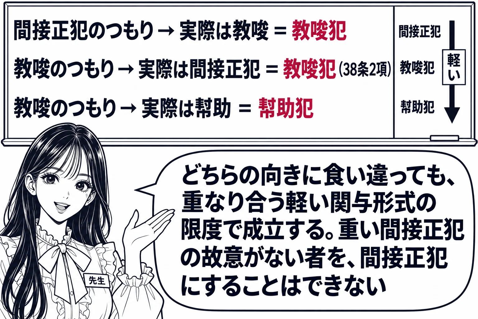 教室の場面。先生が教師役で黒板の前に立つ。黒板に三行。一行目「間接正犯のつもり → 実際は教唆 ＝ 教唆犯」、二行目「教唆のつもり → 実際は間接正犯 ＝ 教唆犯（38条2項）」、三行目「教唆のつもり → 実際は幇助 ＝ 幇助犯」。黒板の右