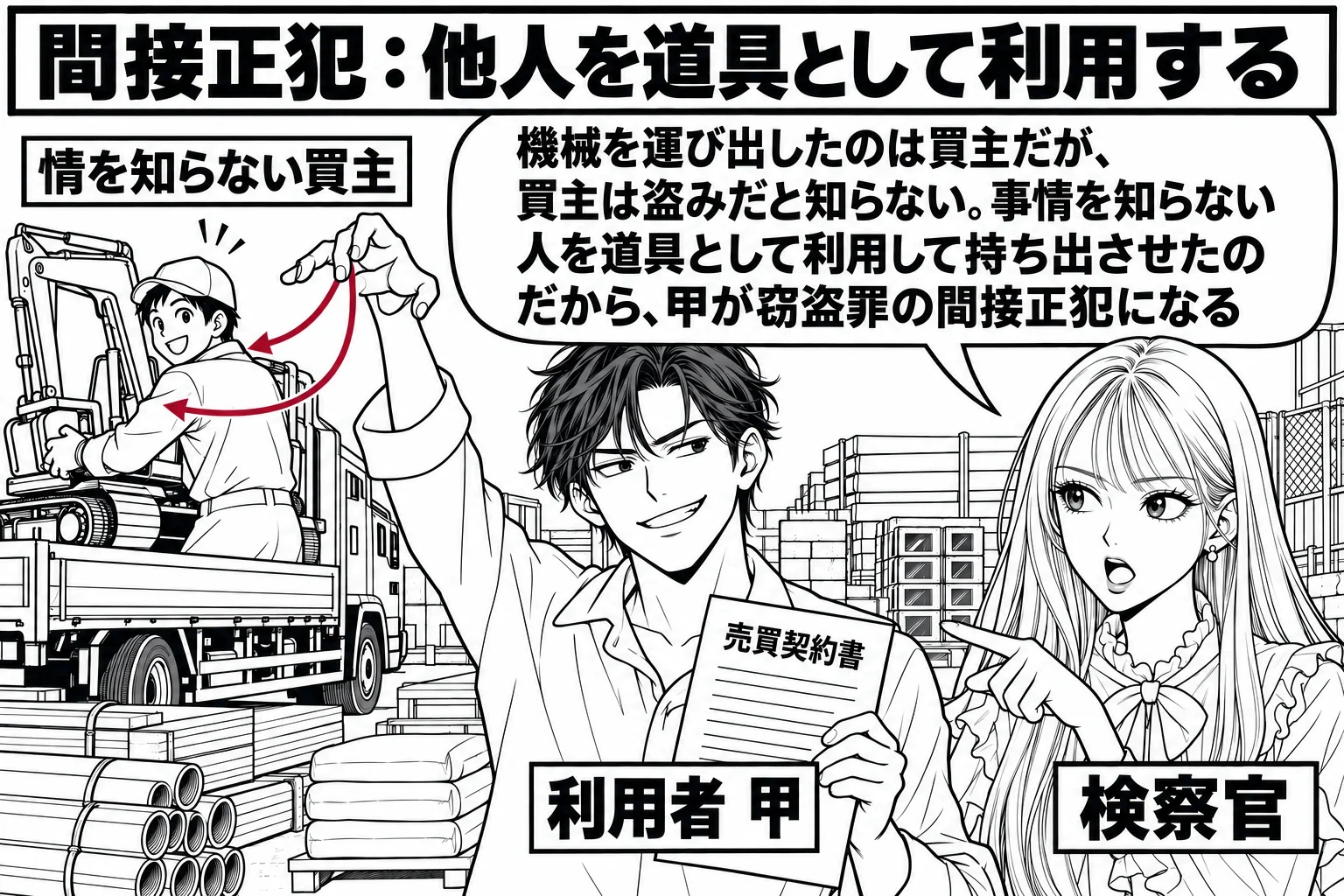 工事現場の資材置場の場面。奥で、事情を知らない買取業者の男性（札「情を知らない買主」）がトラックに機械を積み込んでいる。手前に、売買契約書を手にした男性（札「利用者 甲」）が立ち、甲の手から買主へ操り糸のような矢印が伸びる。先生が検察官役（
