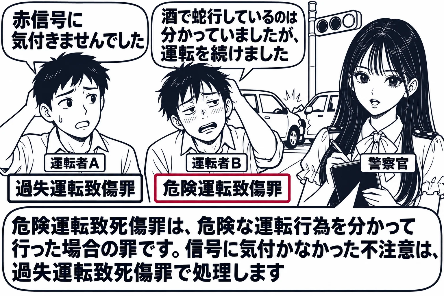交通事故の後の交差点の場面。先生が警察官役（札「警察官」）で手帳を持って立ち、信号機の柱のそばに自動車が止まっている。先生の前に男性が二人立つ（札「運転者A」「運転者B」）。運転者Aの吹き出し「赤信号に気付きませんでした」、運転者Bの吹き出