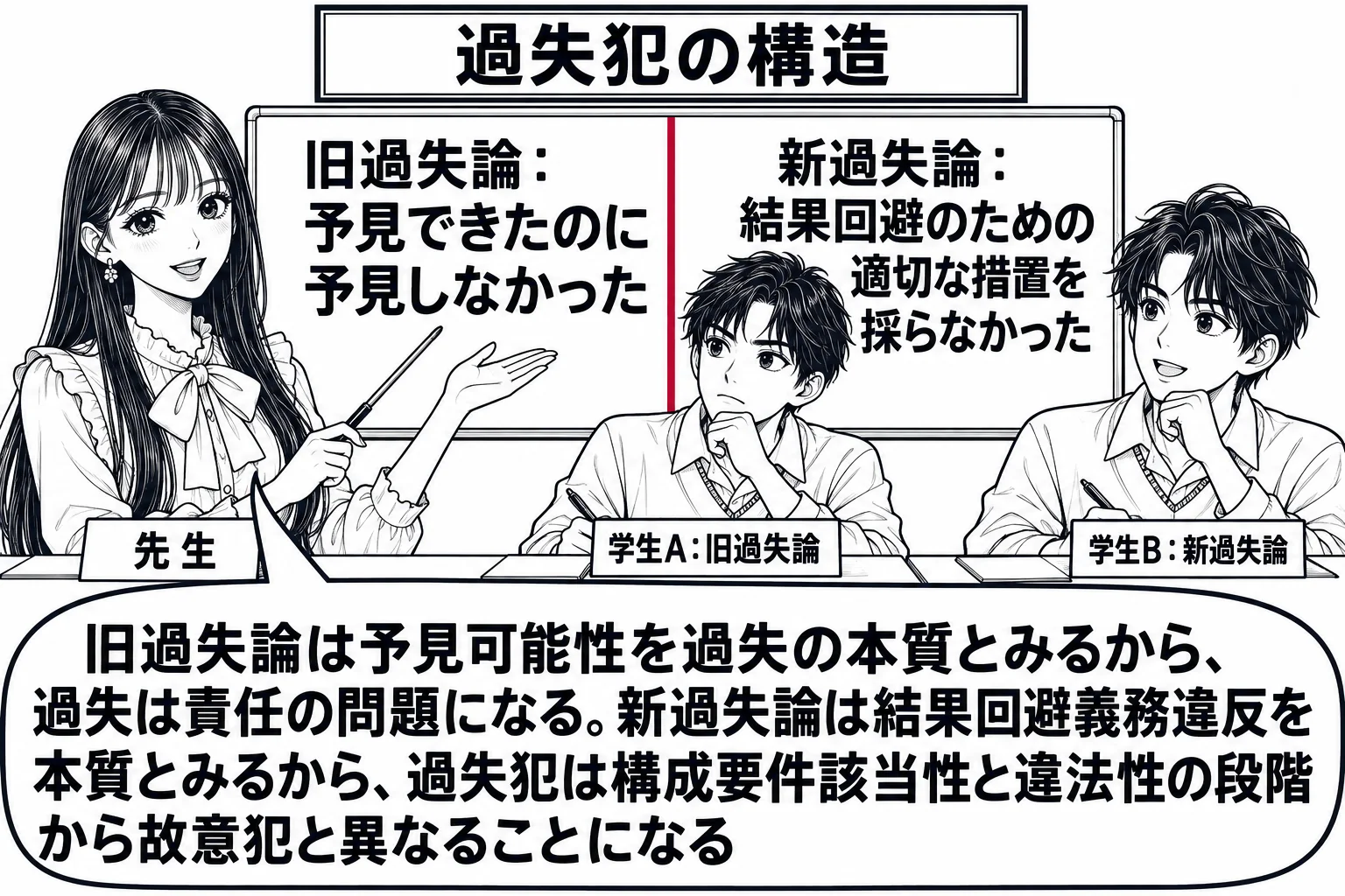 ゼミ室の場面。先生が教師役でホワイトボードの前に立ち、机に男子学生が二人座っている（札「学生A：旧過失論」「学生B：新過失論」）。ホワイトボードは左右に分かれ、左に「旧過失論：予見できたのに予見しなかった」、右に「新過失論：結果回避のための