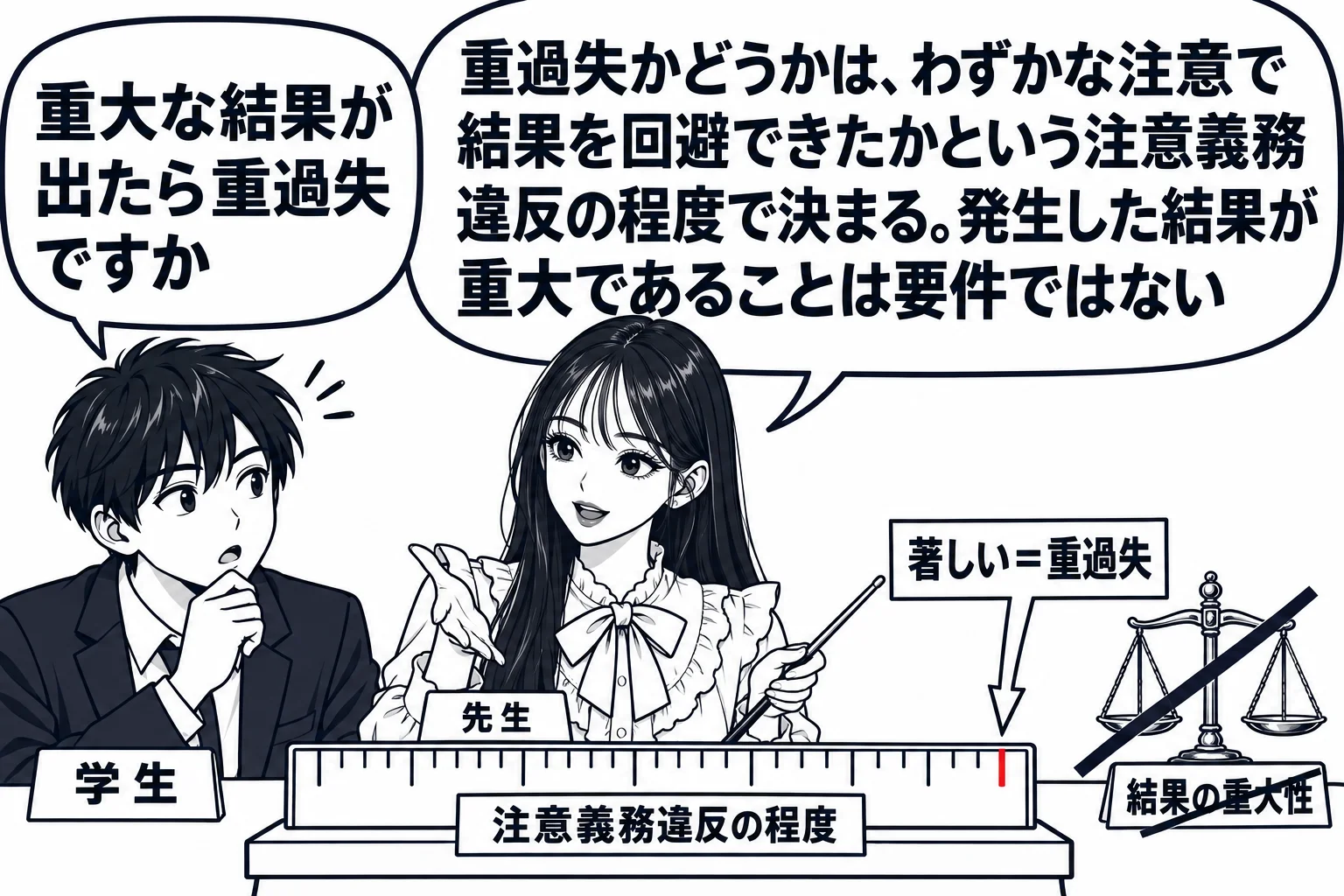 教室の場面。先生が教師役で教卓の横に立ち、教卓の上に長い物差しが一本置かれている。物差しには札「注意義務違反の程度」が付き、右端の目盛りに印と札「著しい＝重過失」。教卓の脇の床に、使われていない秤が置かれ、札「結果の重大性」に斜線が引かれて