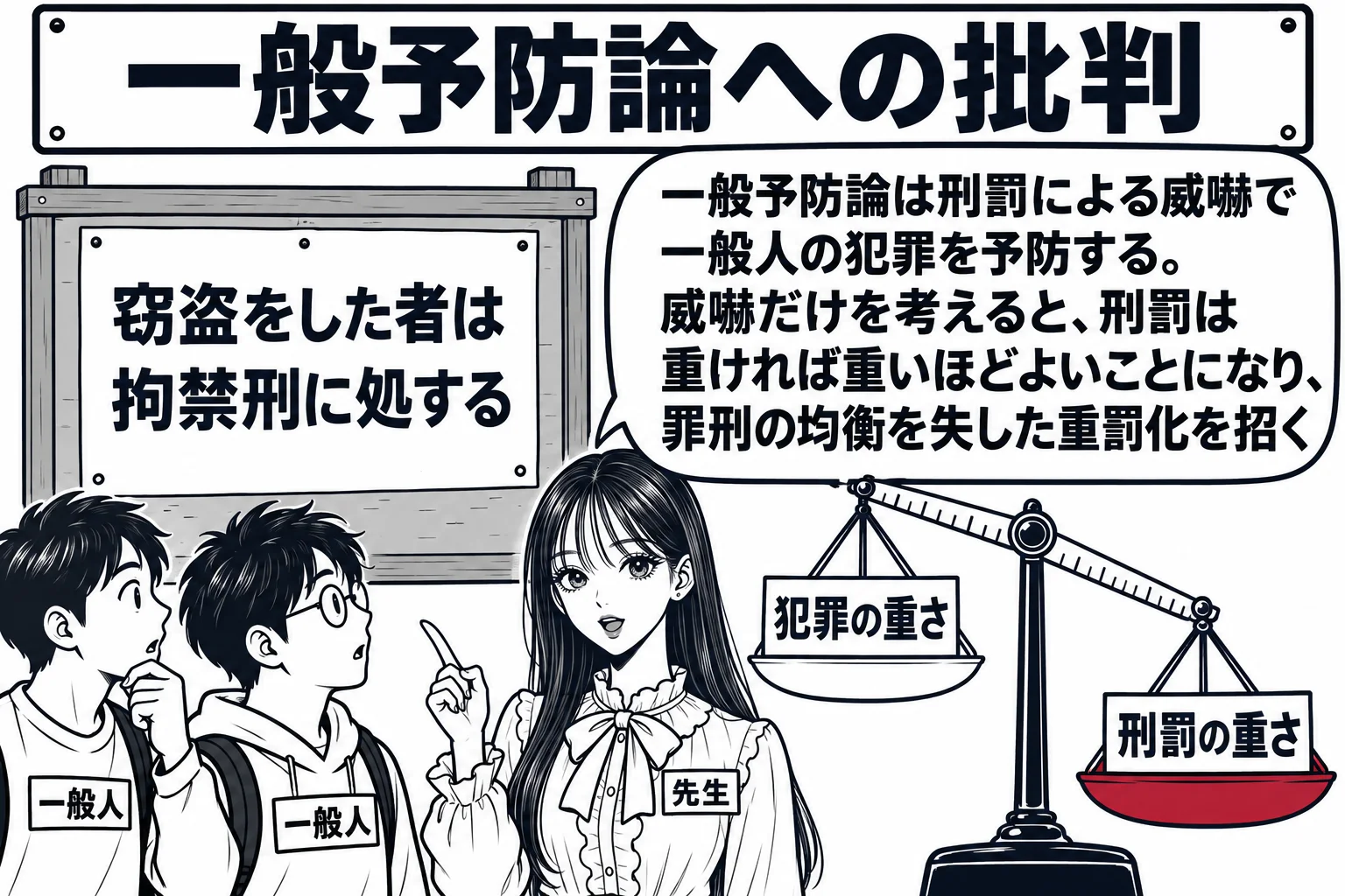 街の広場の掲示板の前の場面。掲示板に貼り紙「窃盗をした者は拘禁刑に処する」。先生が教師役（札「先生」）で掲示板の横に立ち、通りがかりの男性二人（札「一般人」）が貼り紙を見ている。掲示板の横に目盛りの付いた天秤があり、片方の皿「犯罪の重さ」よ