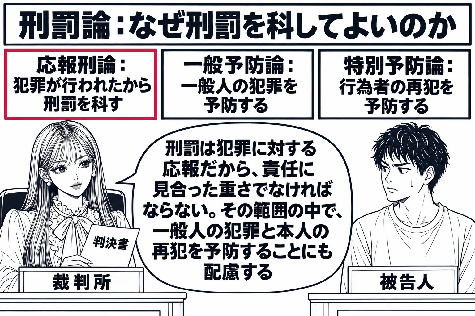 法廷の場面。先生が裁判官役（札「裁判所」）で法壇に座り、判決書を手にしている。正面の被告人席に男性（札「被告人」）が立つ。先生の頭上に三つの考えが札として並ぶ。左「応報刑論：犯罪が行われたから刑罰を科す」、中央「一般予防論：一般人の犯罪を予