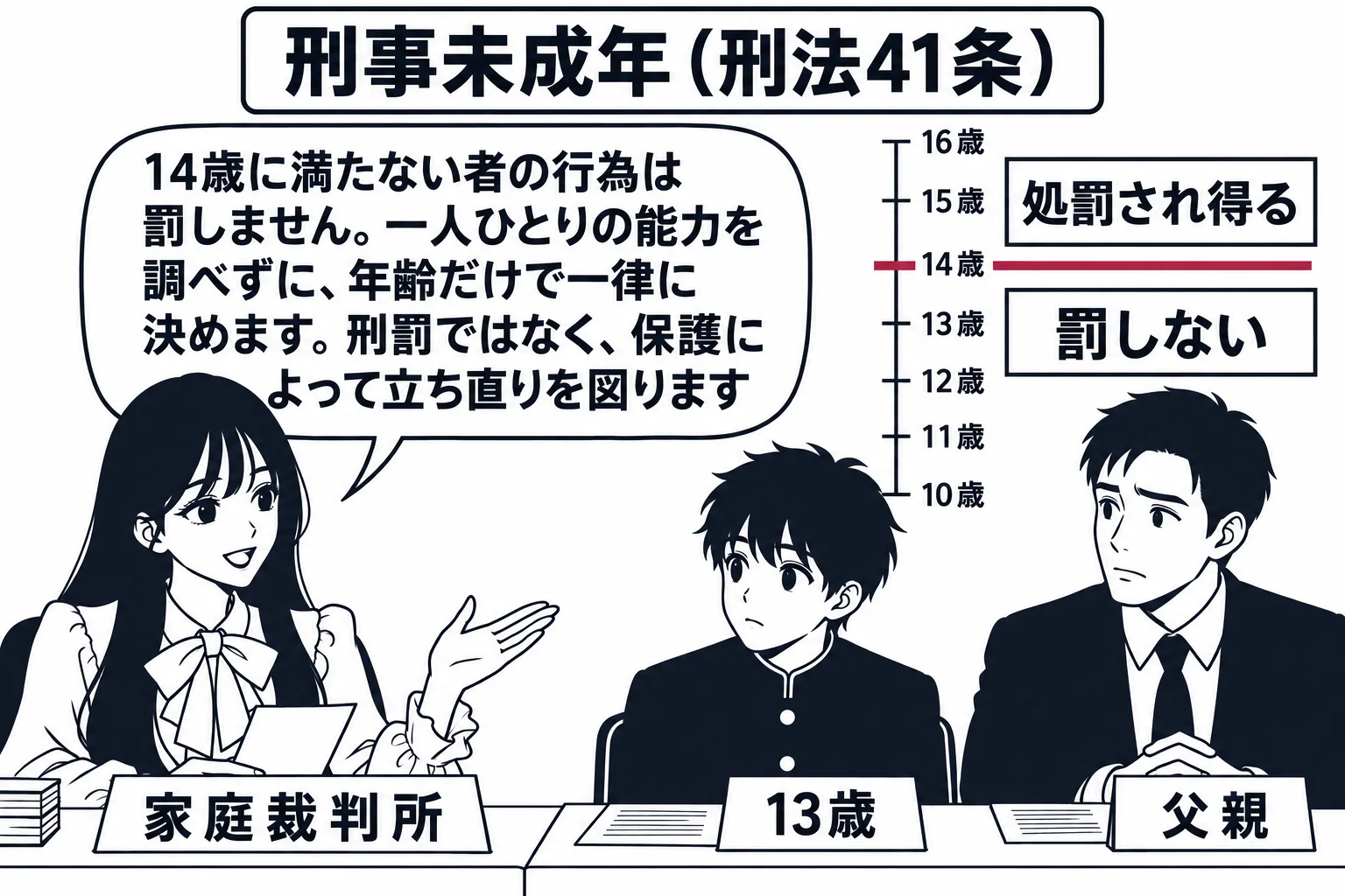 家庭裁判所の審判廷の場面。先生が裁判官役（札「家庭裁判所」）で机に座り、向かいに学生服の少年（札「13歳」）と付き添いの父親が座っている。壁に大きな物差しの図があり、目盛り「14歳」の位置に一本の線が引かれ、線より下に「罰しない」、線より上