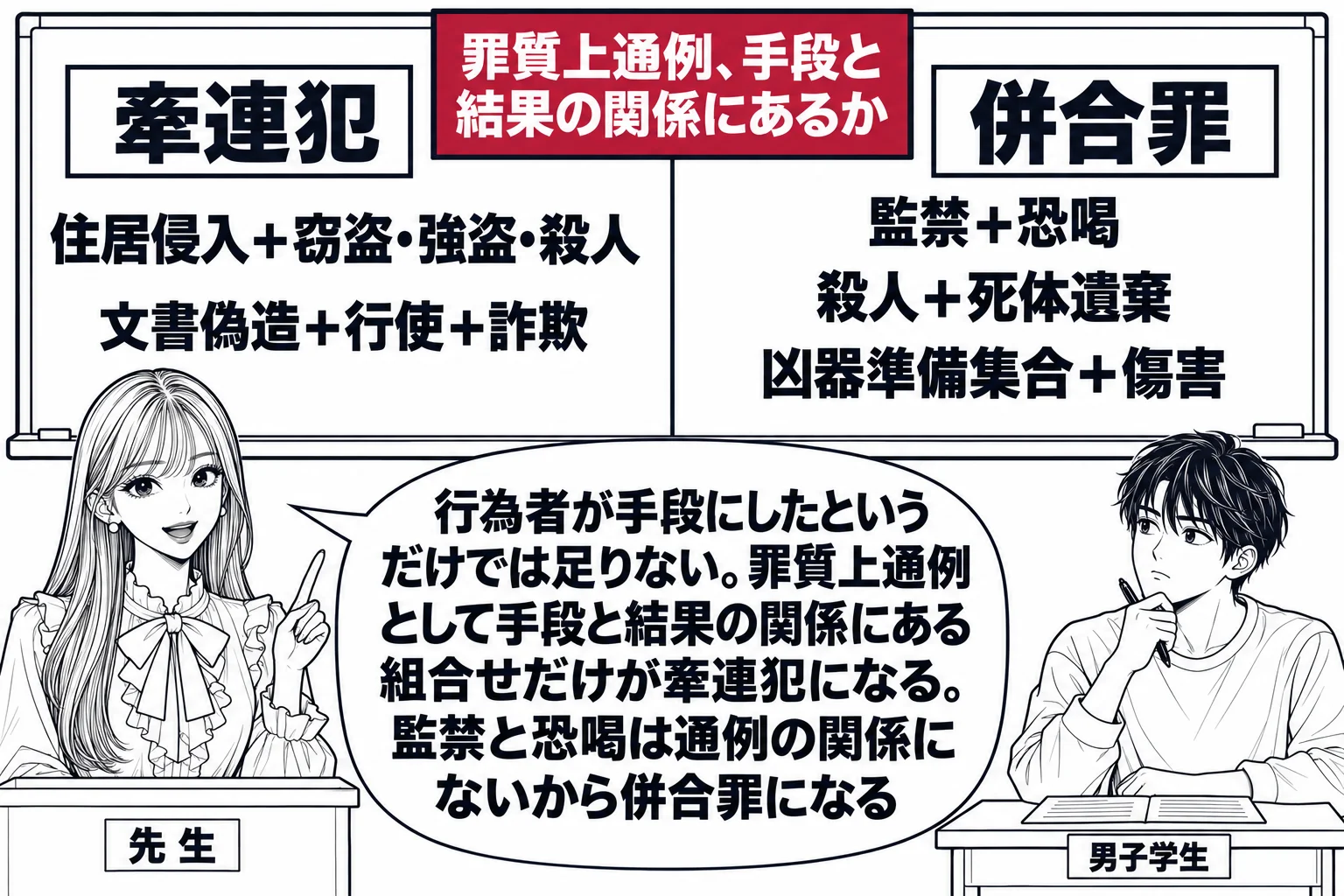 教室の場面。先生が教壇に立ち、黒板が左右に分かれている。左の見出し「牽連犯」の下に「住居侵入＋窃盗・強盗・殺人」「文書偽造＋行使＋詐欺」。右の見出し「併合罪」の下に「監禁＋恐喝」「殺人＋死体遺棄」「凶器準備集合＋傷害」。中央の仕切り線の上に