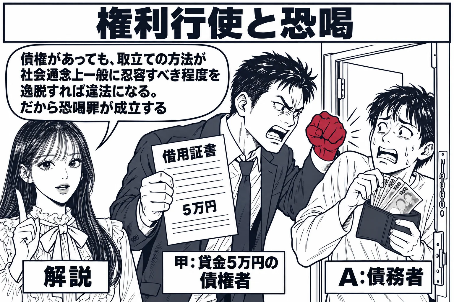 アパートの玄関先の場面。男性（札「甲：貸金5万円の債権者」）が借用証書を片手に、もう一方の手で拳を握ってドアの内側の男性（札「A：債務者」）に迫っている。Aは畏怖して財布から紙幣を出している。玄関の外に先生が解説役（札「解説」）で立ち、吹き