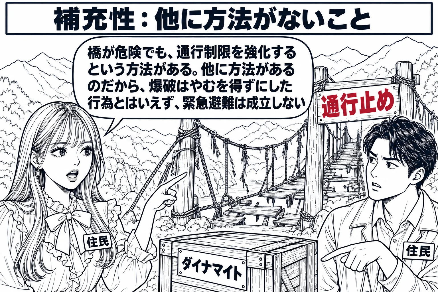 山あいの古い吊橋のたもとの場面。吊橋の板は傷み、綱がほつれている。先生が村の住民役（札「住民」）で、足元に置いた木箱（札「ダイナマイト」）には手を触れず、反対の手で橋の入口に立てた看板を指している。看板には「通行止め」と書かれている。隣に別