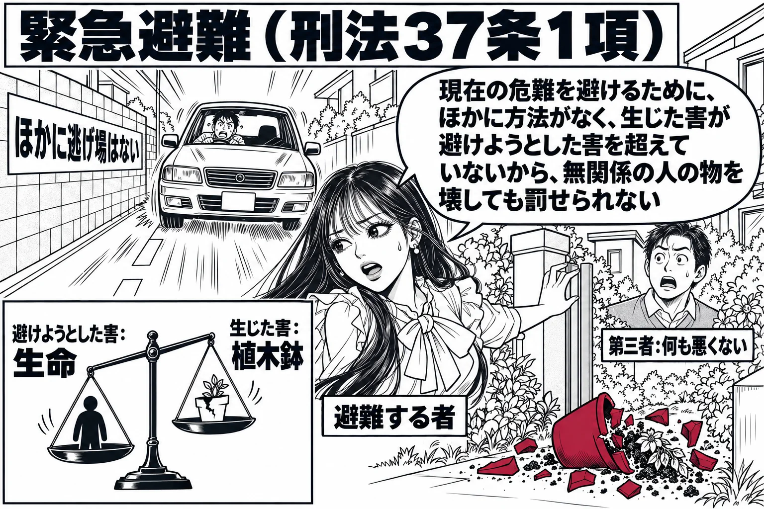 住宅地の道路の場面。道路の中央を、ブレーキの利かない自動車が先生に向かって走ってくる。先生が歩行者役（札「避難する者」）で、道路脇の家の庭に飛び込もうとしており、足元で庭の植木鉢が割れている。庭の奥に家の住人の男性（札「第三者：何も悪くない