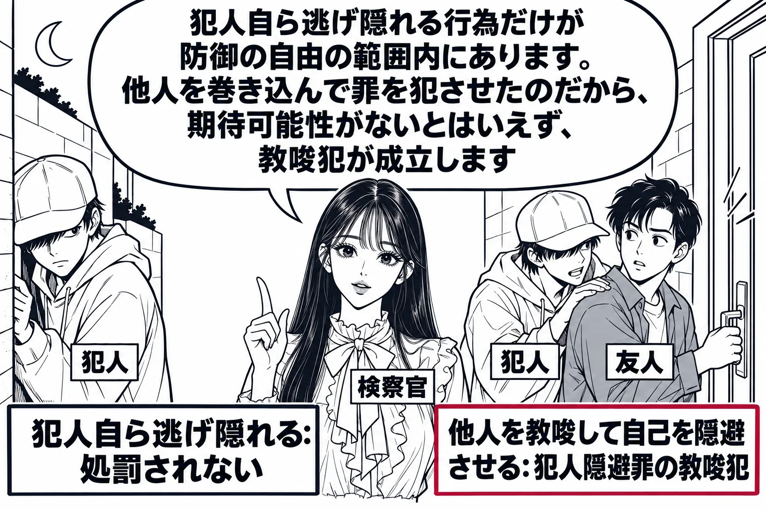 夜の路地の場面を左右に分けた図解。先生が検察官役（札「検察官」）で中央に立つ。左側に帽子を深くかぶって一人で物陰に隠れる男性（札「犯人」）、下に札「犯人自ら逃げ隠れる：処罰されない」。右側に同じ男性が友人の男性（札「友人」）の肩に手を置いて