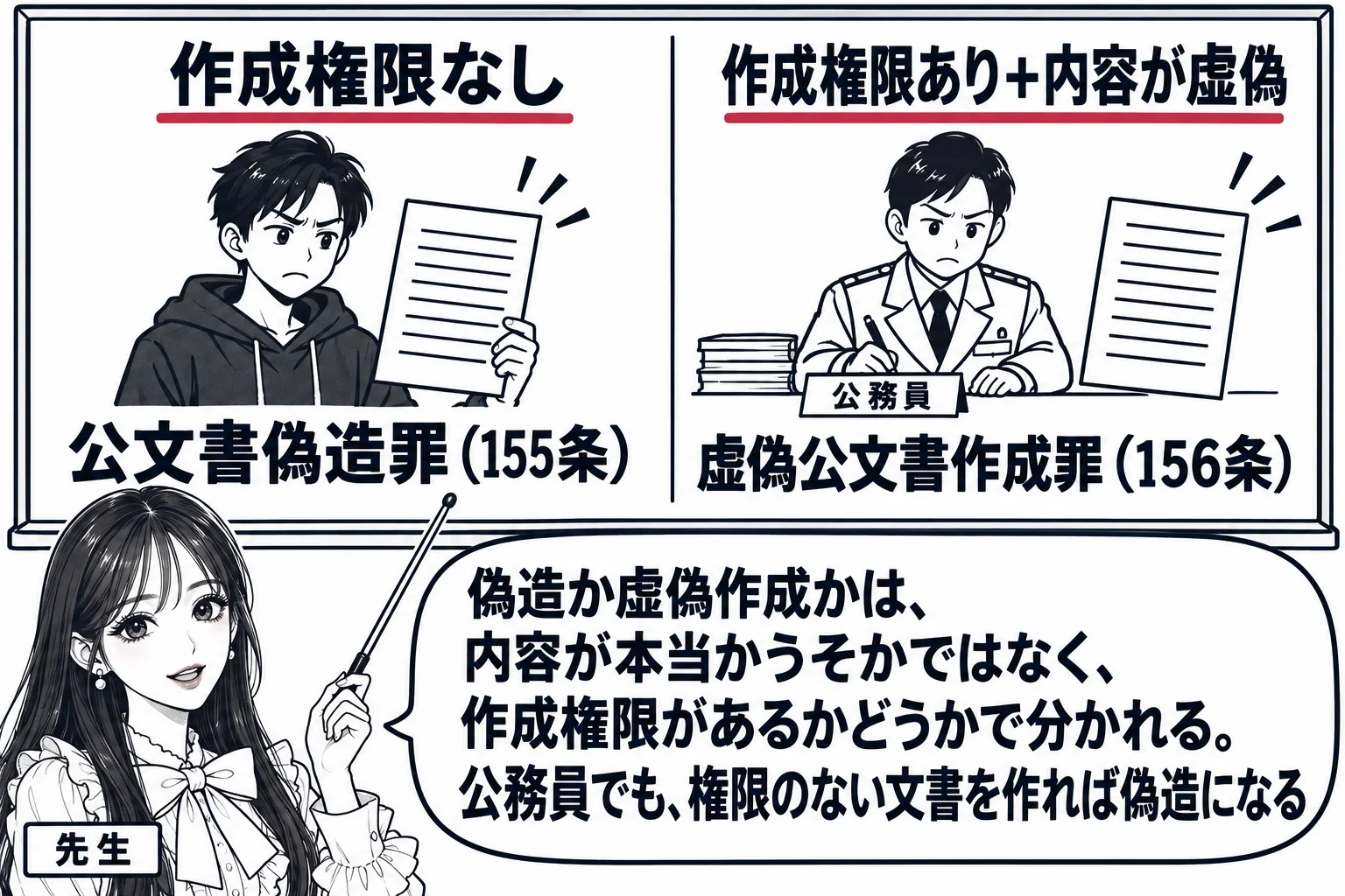 教室の場面。先生が教師役（札「先生」）で黒板の前に立ち、指し棒で板書を指している。黒板は左右二つの欄に分かれ、左の欄の見出しは「作成権限なし」、その下に人の絵と文書の絵があり「公文書偽造罪（155条）」。右の欄の見出しは「作成権限あり＋内容