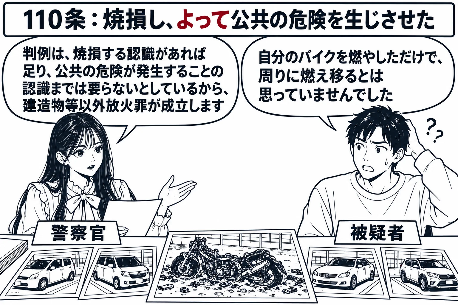 取調室の場面。先生が警察官役（札「警察官」）で机に向かい、向かいに男性（札「被疑者」）が座る。机の上に燃えた自動二輪車の写真と、その周りに並んだ車両の写真。被疑者の吹き出し「自分のバイクを燃やしただけで、周りに燃え移るとは思っていませんでし