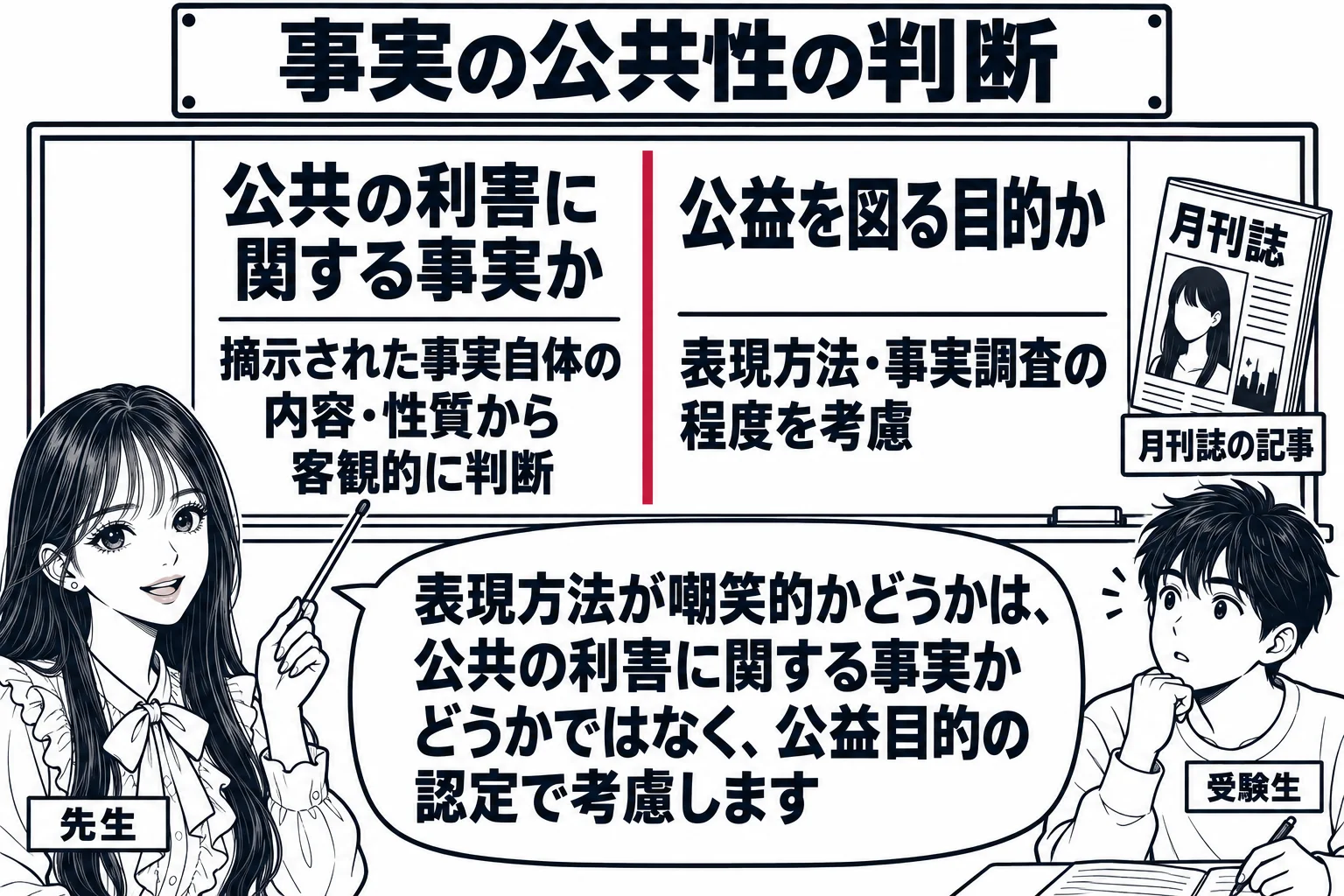 教室の場面。先生が教師役（札「先生」）で黒板の前に立ち、板書を指している。黒板は左右二つの欄に分かれ、左の欄の見出しは「公共の利害に関する事実か」、その下に「摘示された事実自体の内容・性質から客観的に判断」、右の欄の見出しは「公益を図る目的