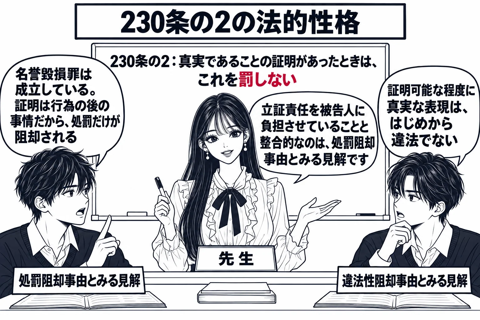 ゼミ室の場面。机をはさんで男子学生二人が向かい合って座っている。左の学生（札「処罰阻却事由とみる見解」）の吹き出し「名誉毀損罪は成立している。証明は行為の後の事情だから、処罰だけが阻却される」。右の学生（札「違法性阻却事由とみる見解」）の吹