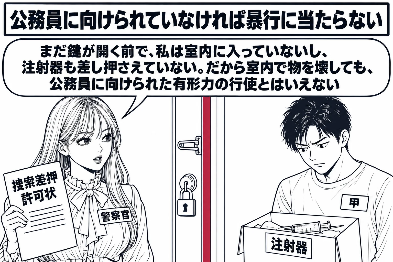 アパートの玄関ドアを境にした断面図の場面。ドアの外側に先生が警察官役（札「警察官」）で捜索差押許可状を手に立ち、ドアにはまだ鍵がかかっている。ドアの内側の部屋では男性（札「甲」）が床の小さな箱（札「注射器」）を見下ろしている。ドアの位置に太