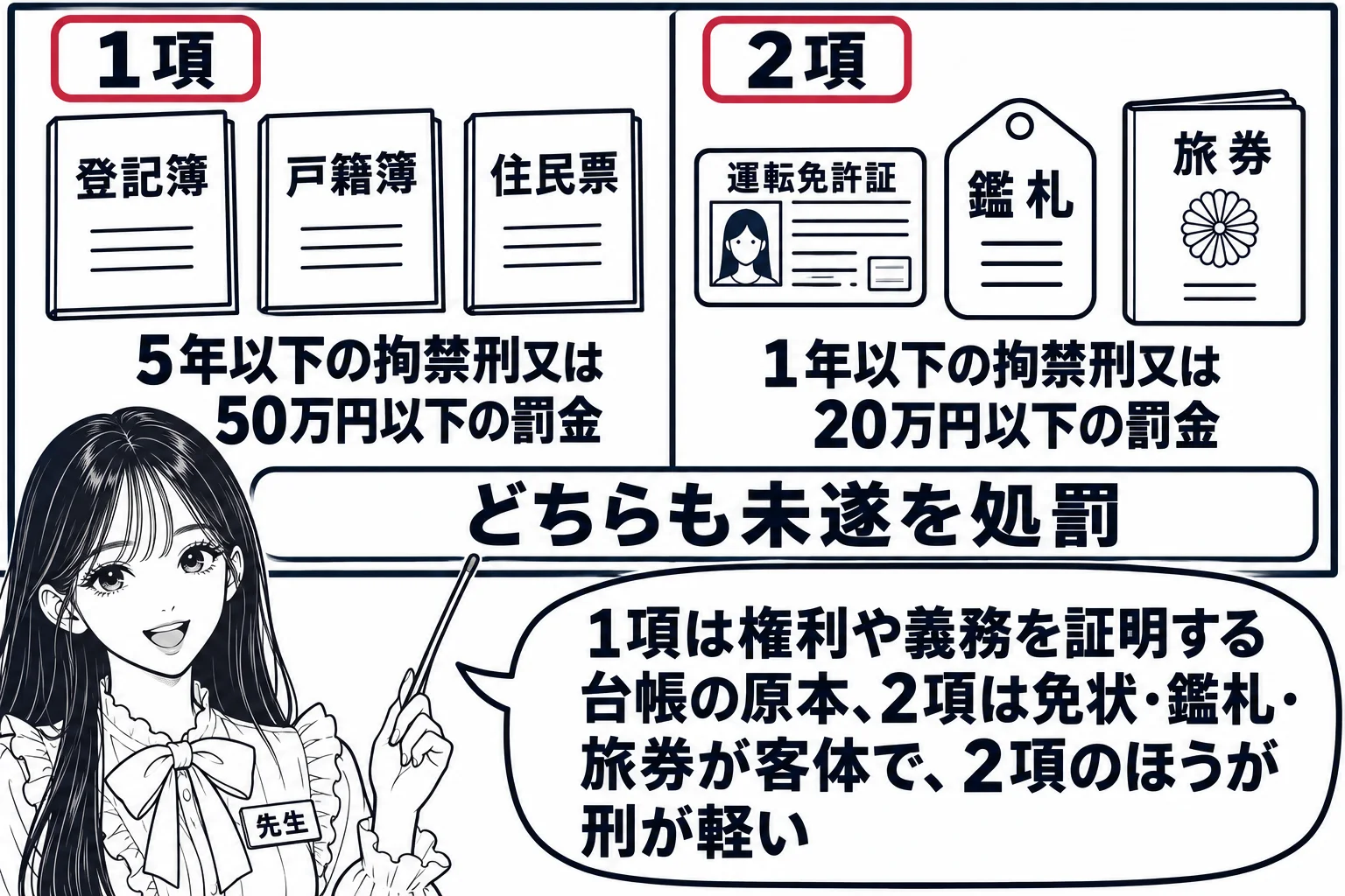 教室の場面。先生が教師役（札「先生」）で黒板の前に立つ。黒板は左右二つの欄。左の欄の見出しは「1項」で、登記簿・戸籍簿・住民票の冊子の絵が並び、下に「5年以下の拘禁刑又は50万円以下の罰金」。右の欄の見出しは「2項」で、運転免許証・鑑札・旅