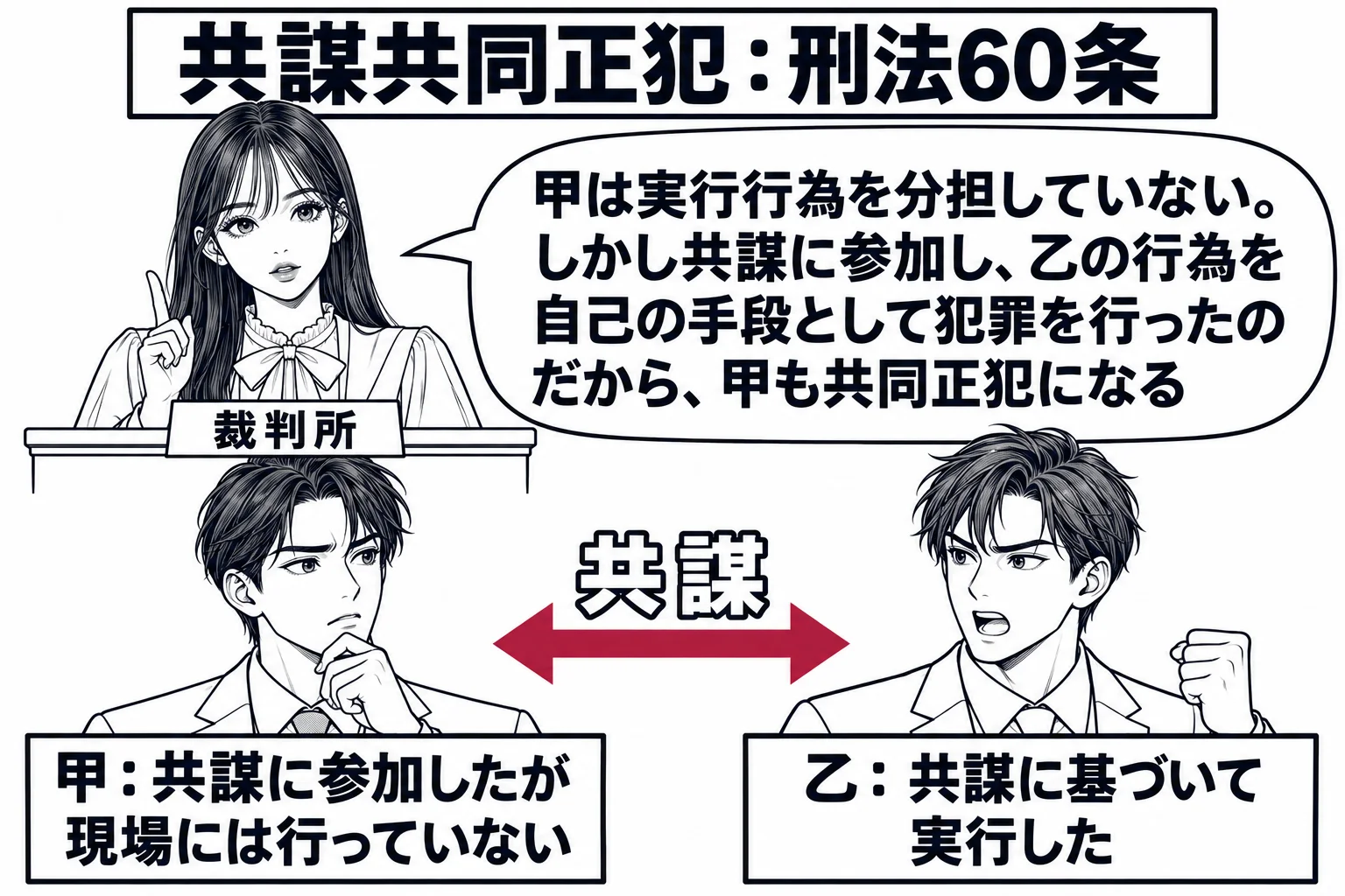 法廷の場面。先生が裁判官役（札「裁判所」）で法壇に座る。法壇の前に二人の男性が立つ。左の男性の札「甲：共謀に参加したが現場には行っていない」、右の男性の札「乙：共謀に基づいて実行した」。二人の間を双方向の矢印が結び、矢印の上に札「共謀」。先