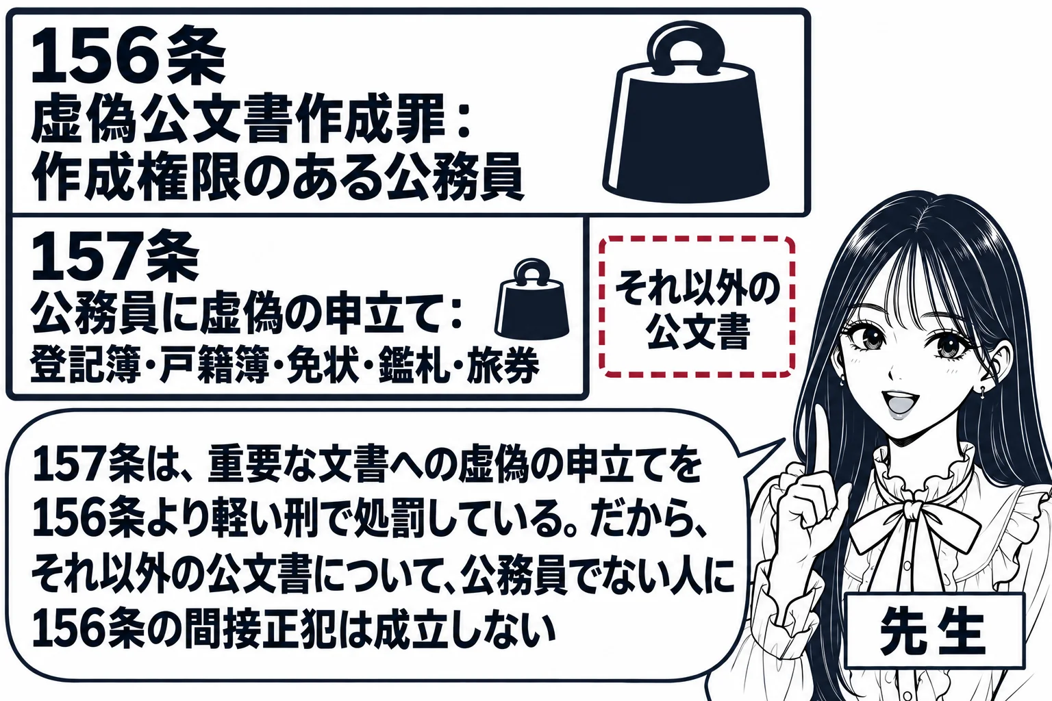 教室の場面。先生が教師役（札「先生」）で黒板の前に立つ。黒板には上下二段の板書。上の段は「156条　虚偽公文書作成罪：作成権限のある公務員」と書かれ、横に大きな分銅の絵。下の段は「157条　公務員に虚偽の申立て：登記簿・戸籍簿・免状・鑑札・