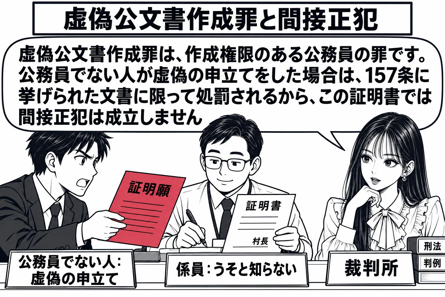 村役場の窓口の場面。カウンターの外側に男性（札「公務員でない人：虚偽の申立て」）が立ち、証明願の用紙を差し出している。カウンターの内側に男性の係員（札「係員：うそと知らない」）が座り、村長名義の証明書を作成している。先生が裁判官役（札「裁判