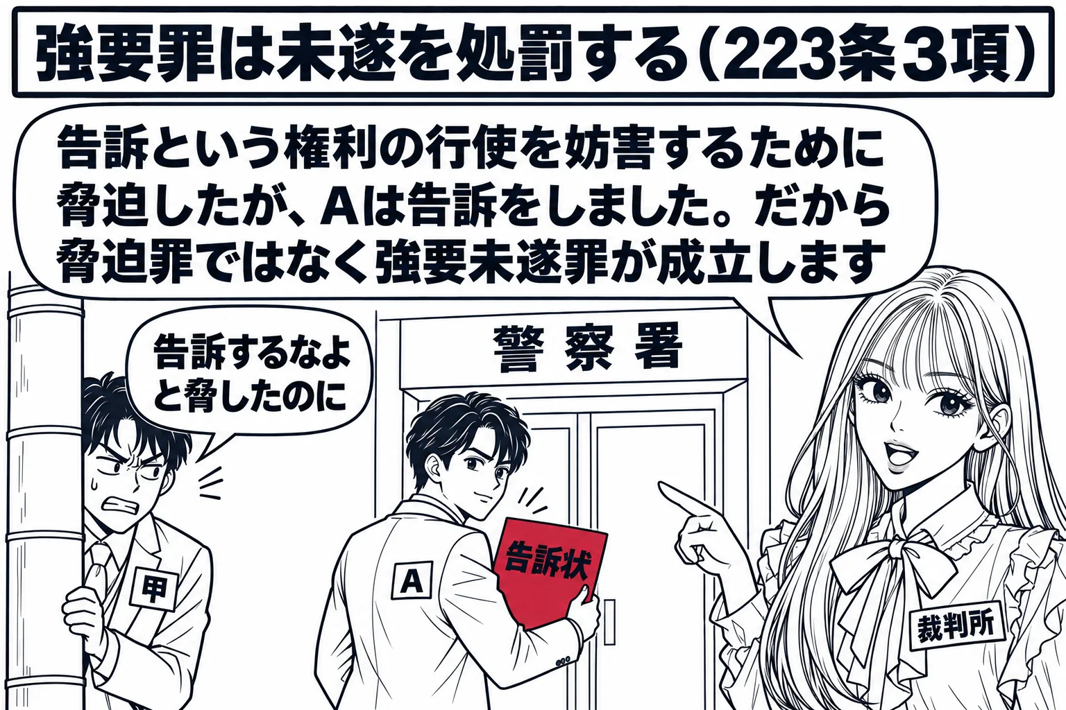 警察署の入口の前の場面。男性（札「A」）が告訴状と書いた書類を持って警察署に入っていく。少し離れた電柱の陰で、男性（札「甲」）が悔しそうに見ている。甲の小さな吹き出し「告訴するなよと脅したのに」。先生が裁判官役（札「裁判所」）で手前に立ち、