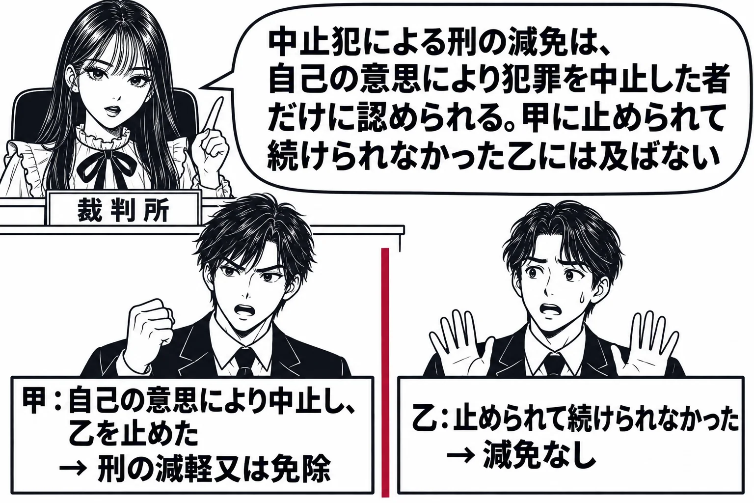法廷の場面。先生が裁判官役（札「裁判所」）で法壇に座る。法壇の前に二人の男性が並んで立つ。左の男性の札「甲：自己の意思により中止し、乙を止めた → 刑の減軽又は免除」、右の男性の札「乙：止められて続けられなかった → 減免なし」。二人の間に