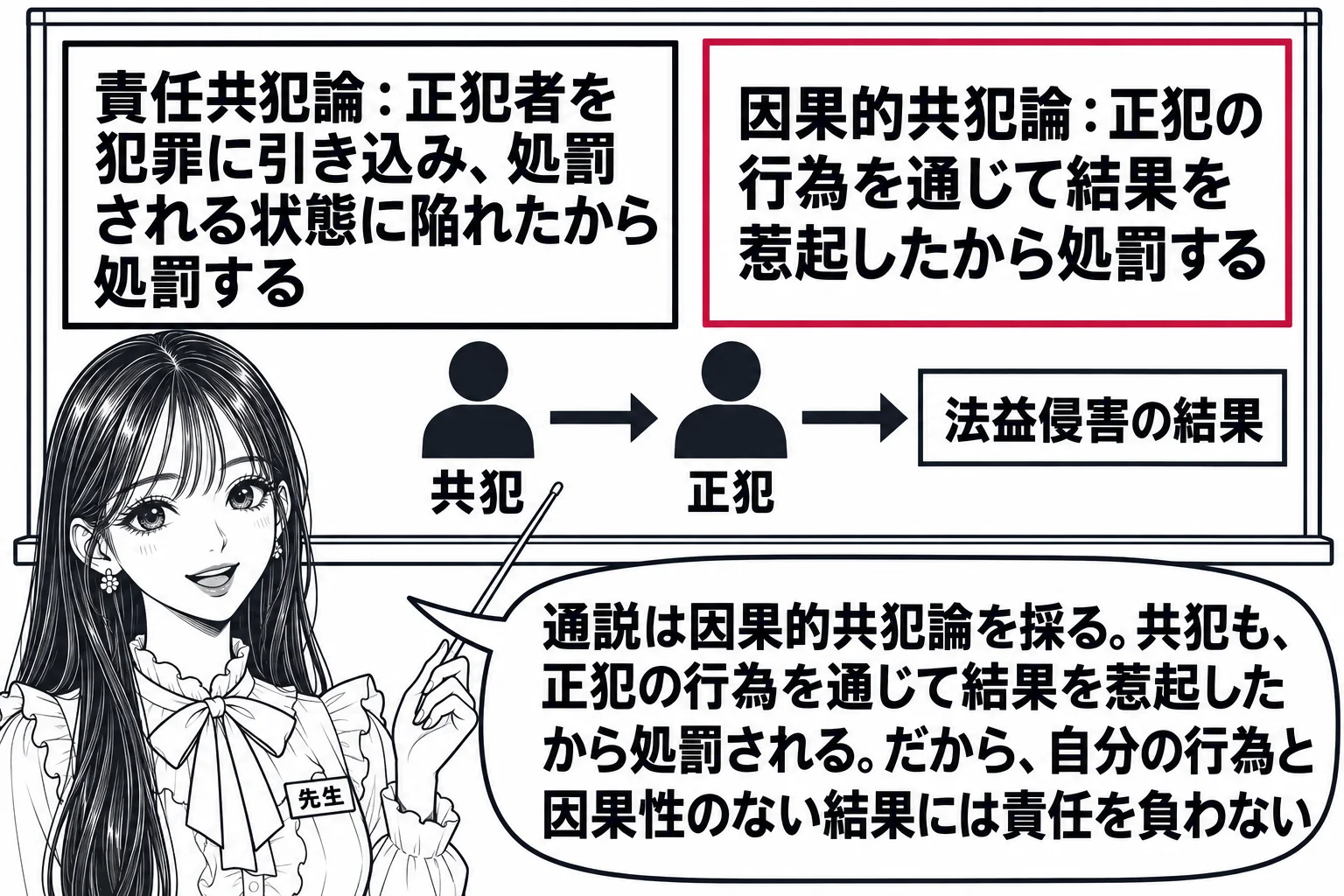 教室の場面。先生が教師役で黒板の前に立つ。黒板の中央に、人型「共犯」から人型「正犯」へ矢印、正犯から右端の「法益侵害の結果」へ矢印。黒板の左に札「責任共犯論：正犯者を犯罪に引き込み、処罰される状態に陥れたから処罰する」、右に札「因果的共犯論