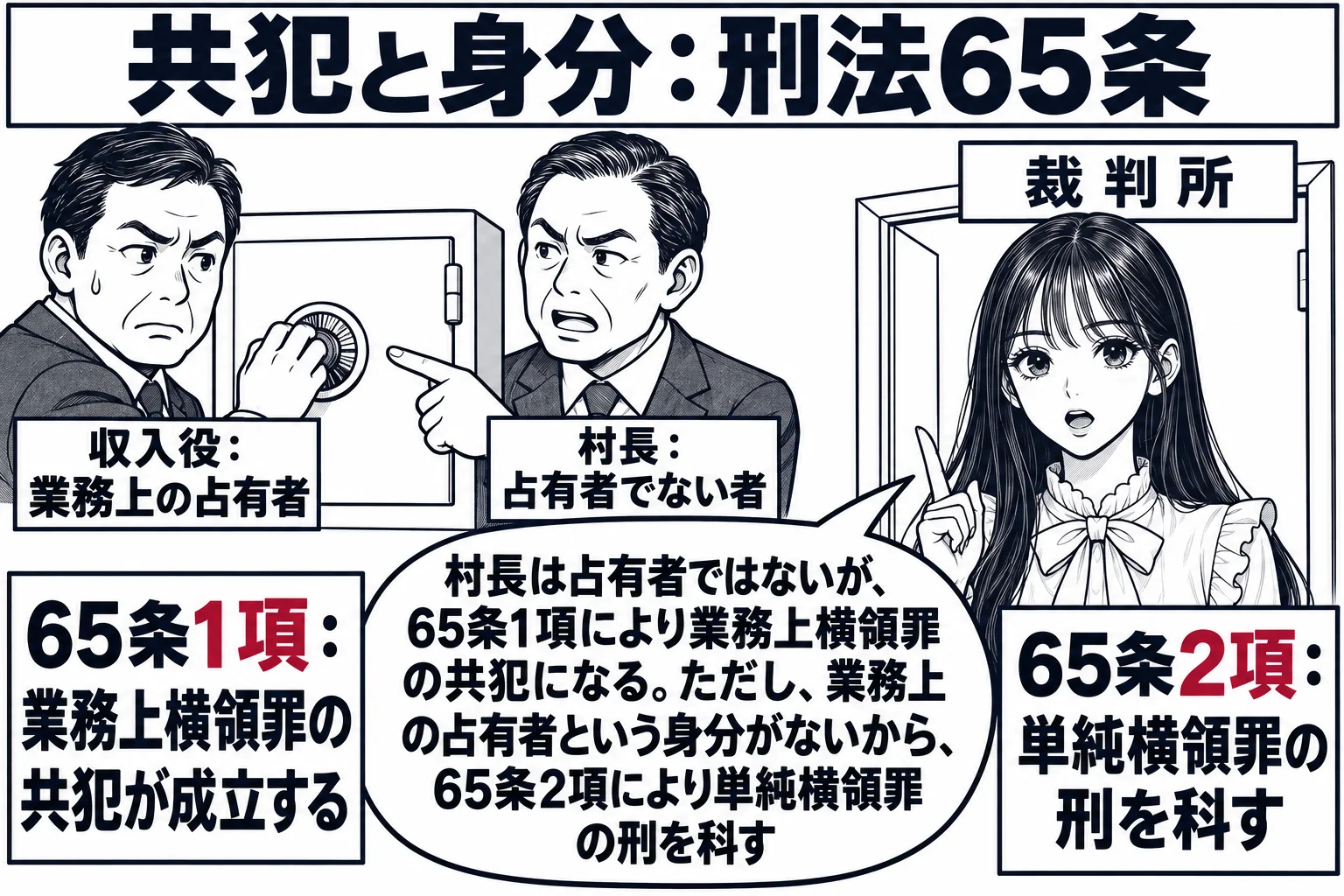 村役場の会計室の場面。金庫の前に男性（札「収入役：業務上の占有者」）が立ち、その横に別の男性（札「村長：占有者でない者」）が立って金庫を指さしている。部屋の入口に先生が裁判官役（札「裁判所」）で立つ。先生の左右に二枚の札。左の札「65条1項