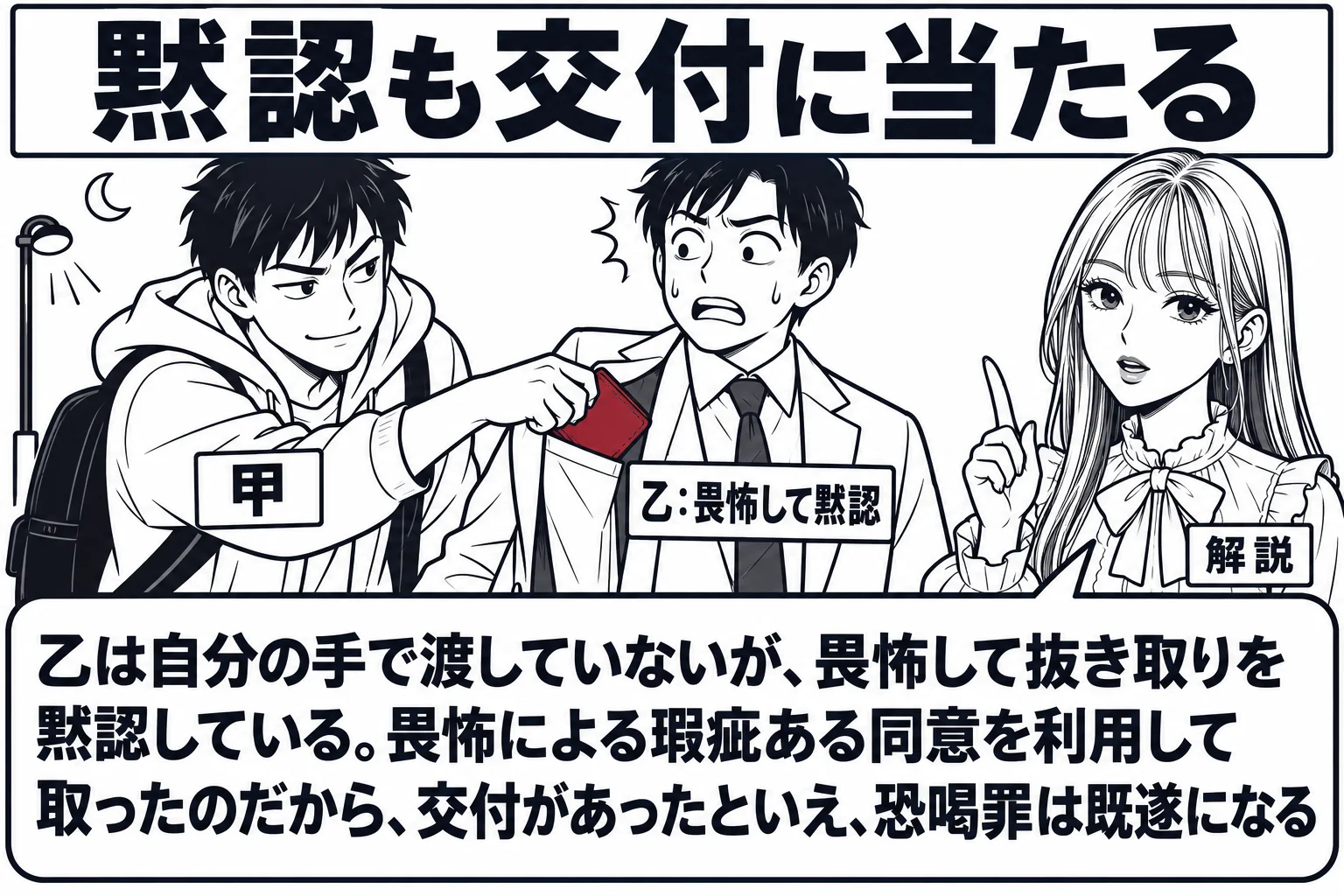 夜の路上の場面。男性（札「甲」）が通行人の男性（札「乙：畏怖して黙認」）の上着の内ポケットに手を入れて財布を抜き取っている。乙は顔をこわばらせて立ちすくみ、抵抗していない。手前に先生が解説役（札「解説」）で立ち、吹き出し「乙は自分の手で渡し