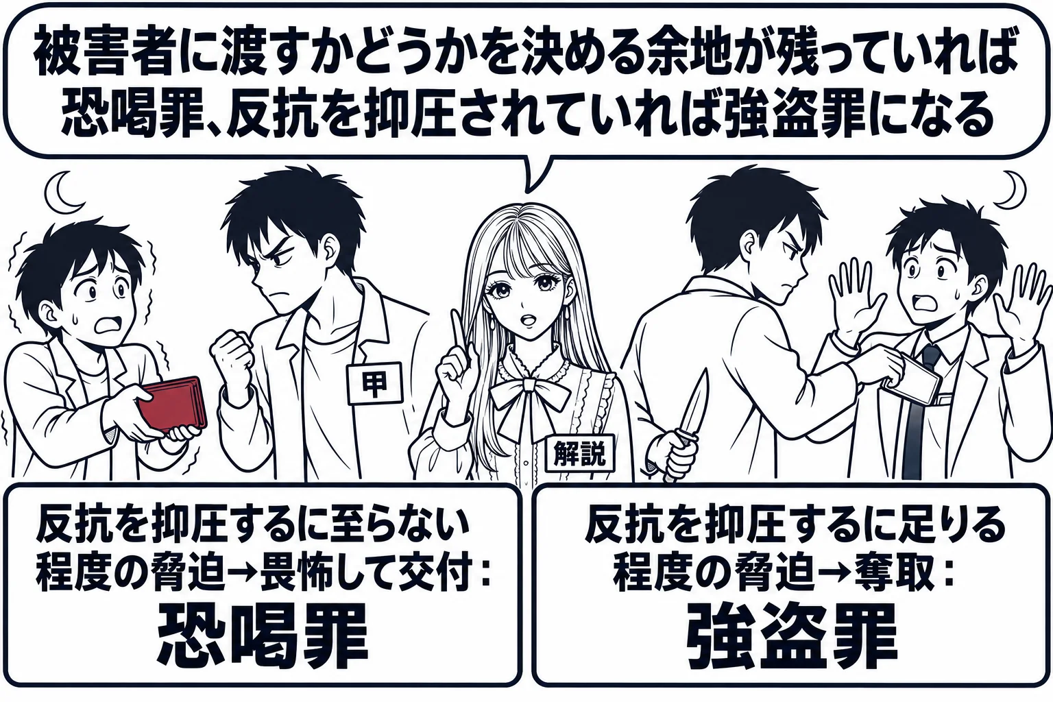 夜の路上の場面を左右に並べる。左は男性（札「甲」）が拳を握って通行人の男性をにらみ、通行人が震えながら自分で財布を差し出している。左の札「反抗を抑圧するに至らない程度の脅迫→畏怖して交付：恐喝罪」。右は別の男性が刃物を持った手を背後に隠して