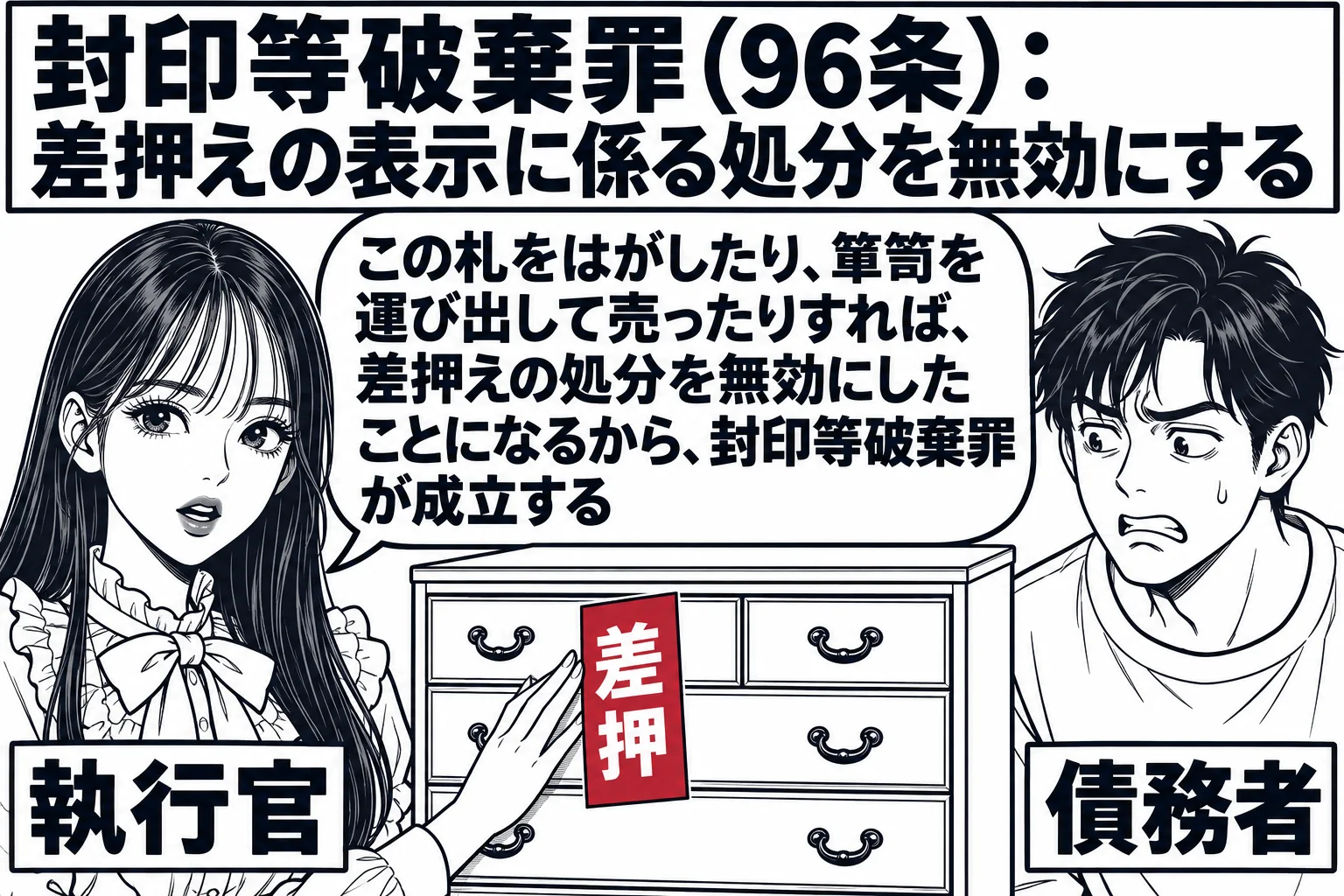 民家の居間で動産の差押えが行われている場面。先生が執行官役（札「執行官」）で、箪笥に「差押」と書いた札を貼り終えたところ。少し離れて住人の男性（札「債務者」）が不満そうに箪笥を見ている。先生の吹き出し「この札をはがしたり、箪笥を運び出して売