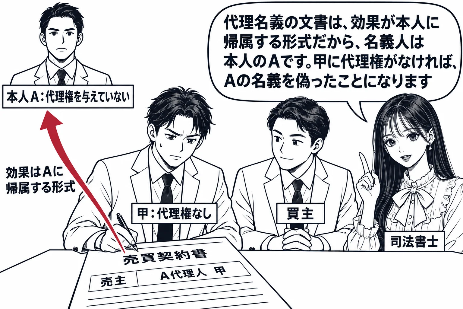 不動産取引の机の場面。机の上に売買契約書があり、売主欄に「A代理人 甲」の記載。契約書から矢印が伸びて、その場にいない男性の輪郭（札「本人A：代理権を与えていない」）を指し、札「効果はAに帰属する形式」。机の手前に男性（札「甲：代理権なし」