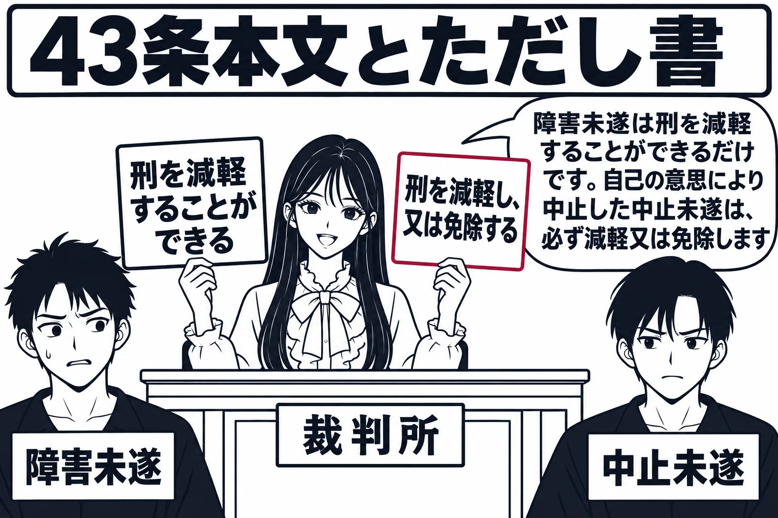 法廷の場面。先生が裁判官役（札「裁判所」）で法壇に座り、法壇の前に二人の被告人の男性が並んで立つ。左の男性の札「障害未遂」、右の男性の札「中止未遂」。先生の左手の札に「刑を減軽することができる」、右手の札に「刑を減軽し、又は免除する」。先生
