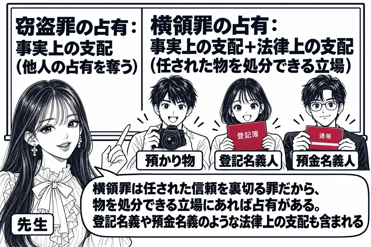 教室の黒板の場面。先生が教師役（札「先生」）で黒板を指している。黒板の左に「窃盗罪の占有：事実上の支配（他人の占有を奪う）」、右に「横領罪の占有：事実上の支配＋法律上の支配（任された物を処分できる立場）」と書かれ、右の下に小さな絵が3つ並ぶ
