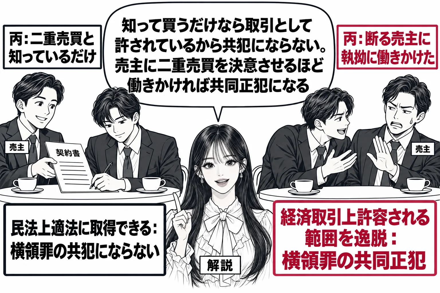 喫茶店のテーブルの場面を左右に並べる。左は第二の買主の男性（札「丙：二重売買と知っているだけ」）が売主から差し出された契約書に署名している。左の札「民法上適法に取得できる：横領罪の共犯にならない」。右は別の第二の買主の男性（札「丙：断る売主