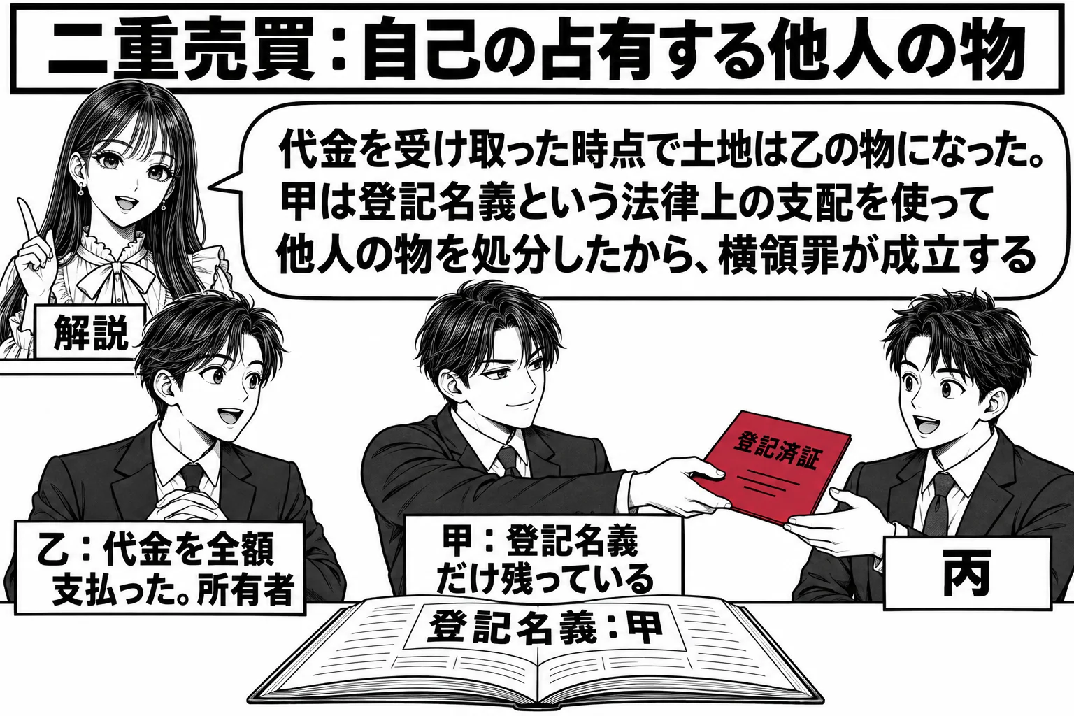 不動産の登記簿を机に広げた場面。机の中央に登記簿（札「登記名義：甲」）。左に第一の買主の男性（札「乙：代金を全額支払った。所有者」）、右に第二の買主の男性（札「丙」）。中央の売主の男性（札「甲：登記名義だけ残っている」）が丙に向けて登記の書
