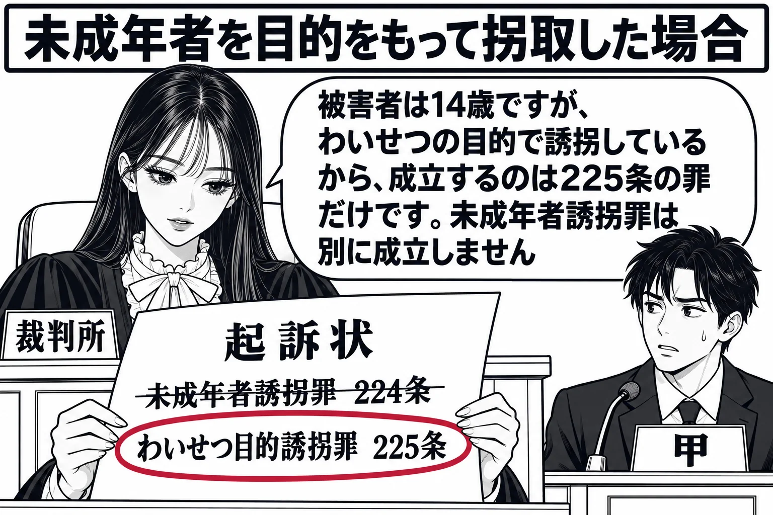 法廷の場面。先生が裁判官役（札「裁判所」）で法壇に座り、手元の起訴状を見ている。起訴状には二行が書かれ、一行目「未成年者誘拐罪 224条」に取消線が引かれ、二行目「わいせつ目的誘拐罪 225条」に丸印が付いている。証言台の前に男性の被告人（