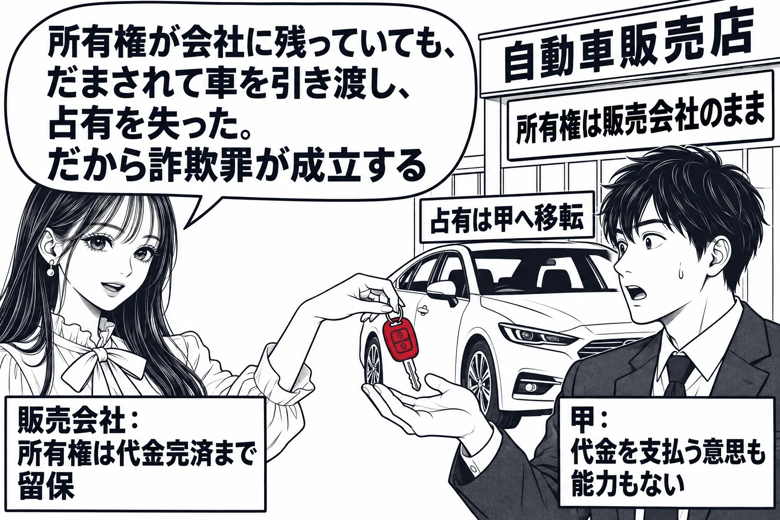 自動車販売店の店頭の場面。先生が販売員役（札「販売会社：所有権は代金完済まで留保」）で車の鍵を男性客に手渡している。男性客（札「甲：代金を支払う意思も能力もない」）が鍵を受け取り、後ろに自動車が1台。自動車の上に札「占有は甲へ移転」、販売店