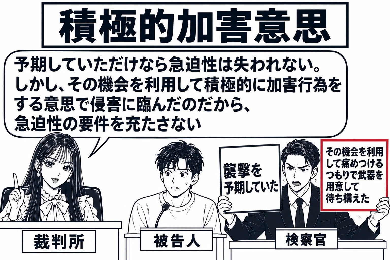 法廷の場面。先生が裁判官役（札「裁判所」）で法壇に座る。証言台に被告人の男性（札「被告人」）が立つ。検察官席の男性（札「検察官」）が証拠の札を二枚掲げている。一枚目「襲撃を予期していた」、二枚目「その機会を利用して痛めつけるつもりで武器を用