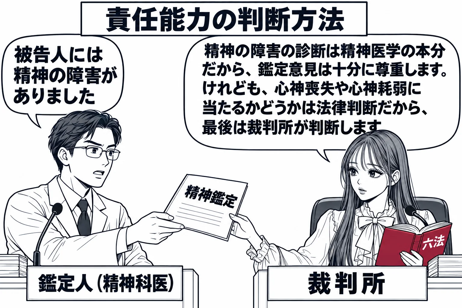 法廷の場面。証言台に白衣の男性（札「鑑定人（精神科医）」）が立ち、鑑定書（表紙に「精神鑑定」）を差し出している。鑑定人の吹き出し「被告人には精神の障害がありました」。先生が裁判官役（札「裁判所」）で法壇に座り、鑑定書を受け取りながら六法を開