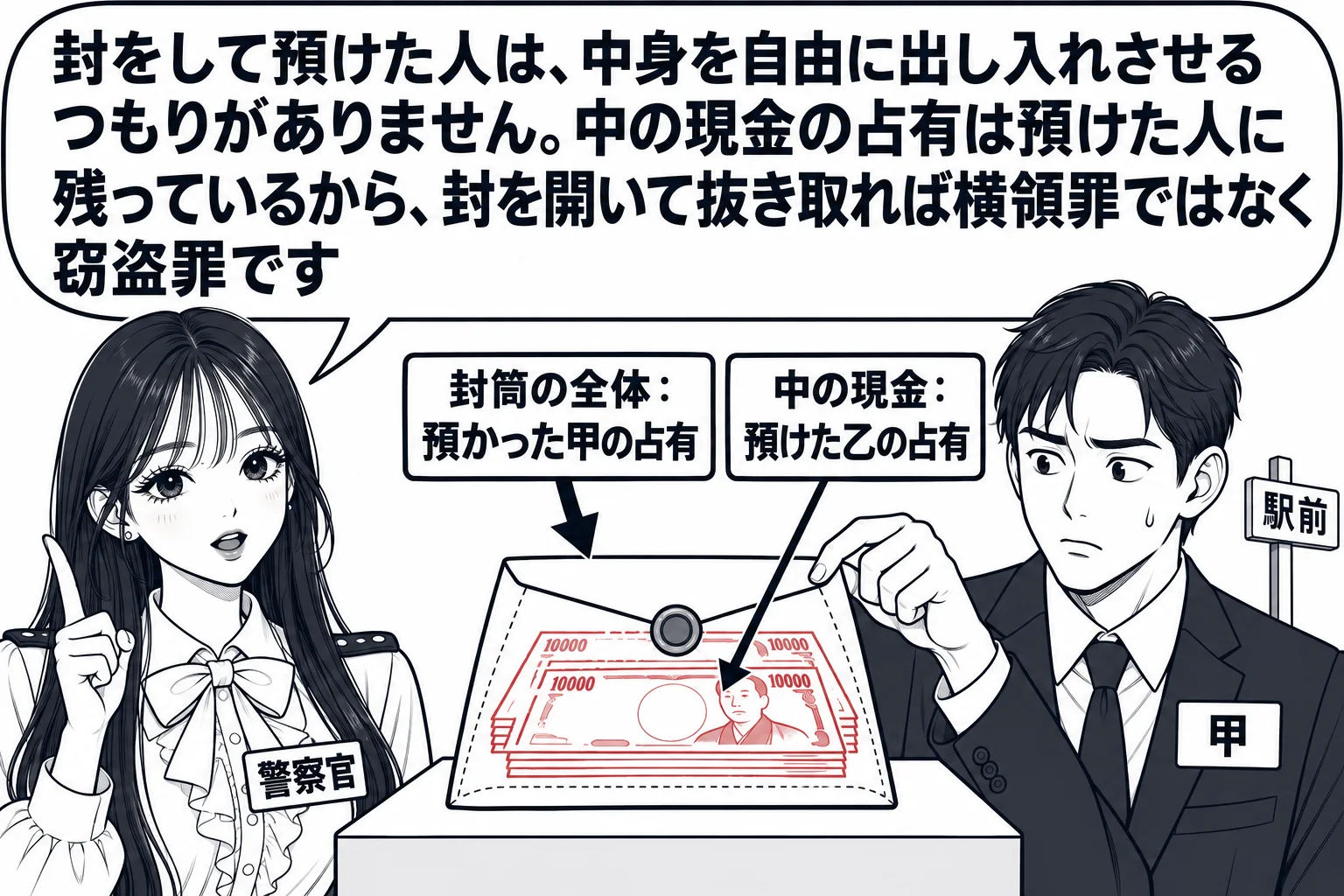 駅前の路上の場面。先生が警察官役（札「警察官」）で立ち、目の前の台の上に封のされた封筒が置かれている。封筒の外側に矢印と札「封筒の全体：預かった甲の占有」、封筒の中に透けて見える紙幣に矢印と札「中の現金：預けた乙の占有」。封筒の横に男性（札