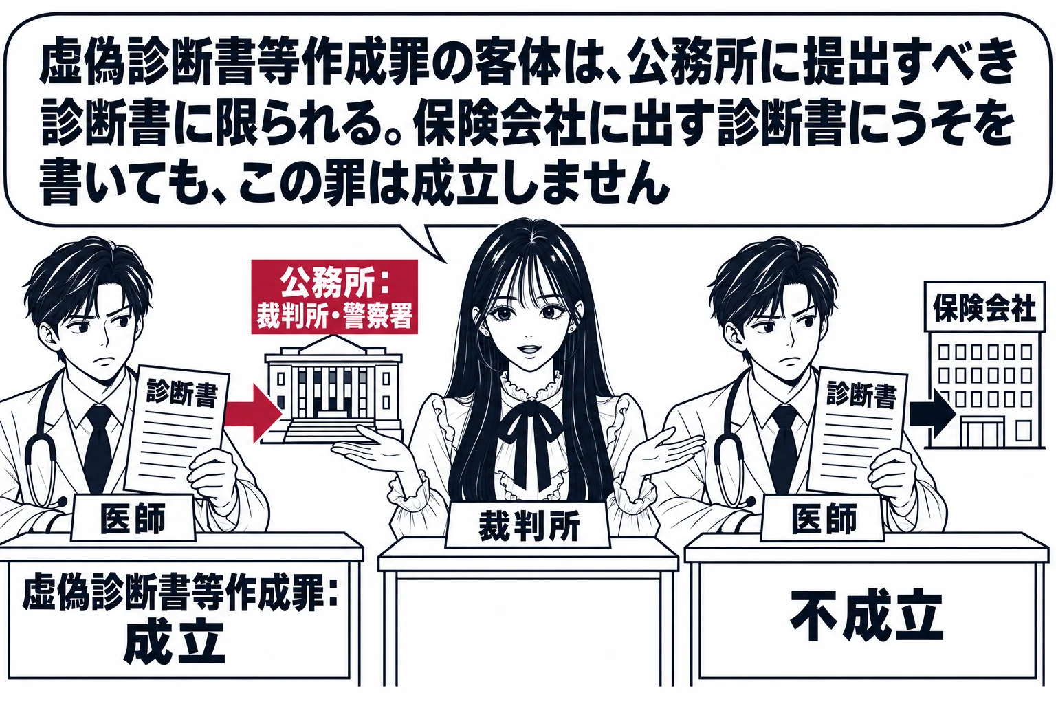 診察室の場面。先生が裁判官役（札「裁判所」）で画面の中央に立ち、左右の二つの机を見比べている。左の机には医師役の男性（札「医師」）がいて、診断書に矢印が付き、矢印の先に建物の絵（札「公務所：裁判所・警察署」）があり、机の上に札「虚偽診断書等