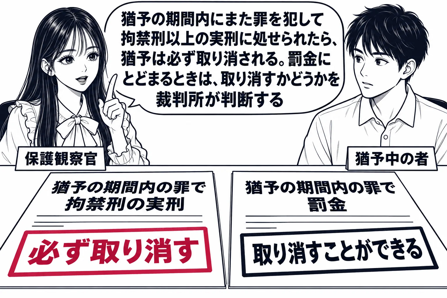 保護観察所の面接室の場面。先生が保護観察官役（札「保護観察官」）で机に座り、向かいに猶予の期間中の男性（札「猶予中の者」）が座る。机の上に2枚の通知書。左の通知書「猶予の期間内の罪で拘禁刑の実刑」には深紅の印「必ず取り消す」、右の通知書「猶