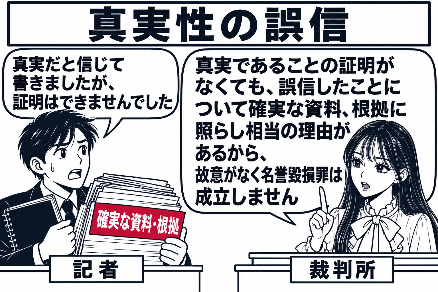 法廷の場面。先生が裁判官役（札「裁判所」）で法壇に座っている。証言台の前に男性（札「記者」）が立ち、両手に厚い取材ノートと書類の束（札「確実な資料・根拠」）を抱えている。記者の吹き出し「真実だと信じて書きましたが、証明はできませんでした」。