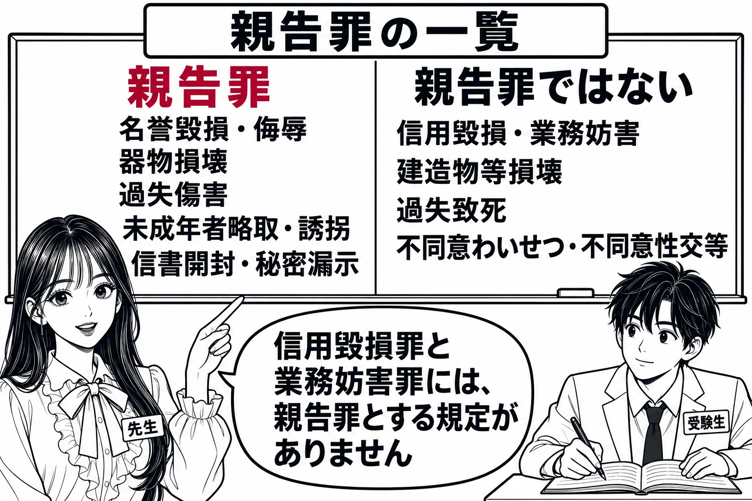 教室の場面。先生が教師役（札「先生」）で黒板の前に立ち、板書を指している。黒板は左右二つの欄に分かれ、左の欄の見出しは「親告罪」、その下に「名誉毀損・侮辱」「器物損壊」「過失傷害」「未成年者略取・誘拐」「信書開封・秘密漏示」と縦に並び、右の