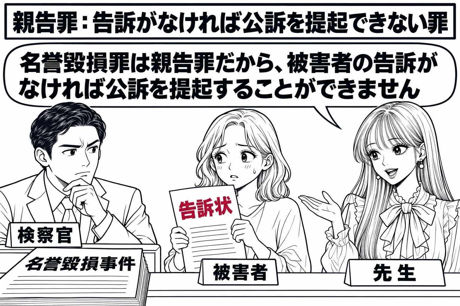 検察庁の受付の場面。カウンターの中に男性の検察官（札「検察官」）が座り、机の上に書類（札「名誉毀損事件」）を置いている。カウンターの前に女性（札「被害者」）が立ち、手に持った書類（札「告訴状」）を出すかどうか迷っている。先生が教師役（札「先